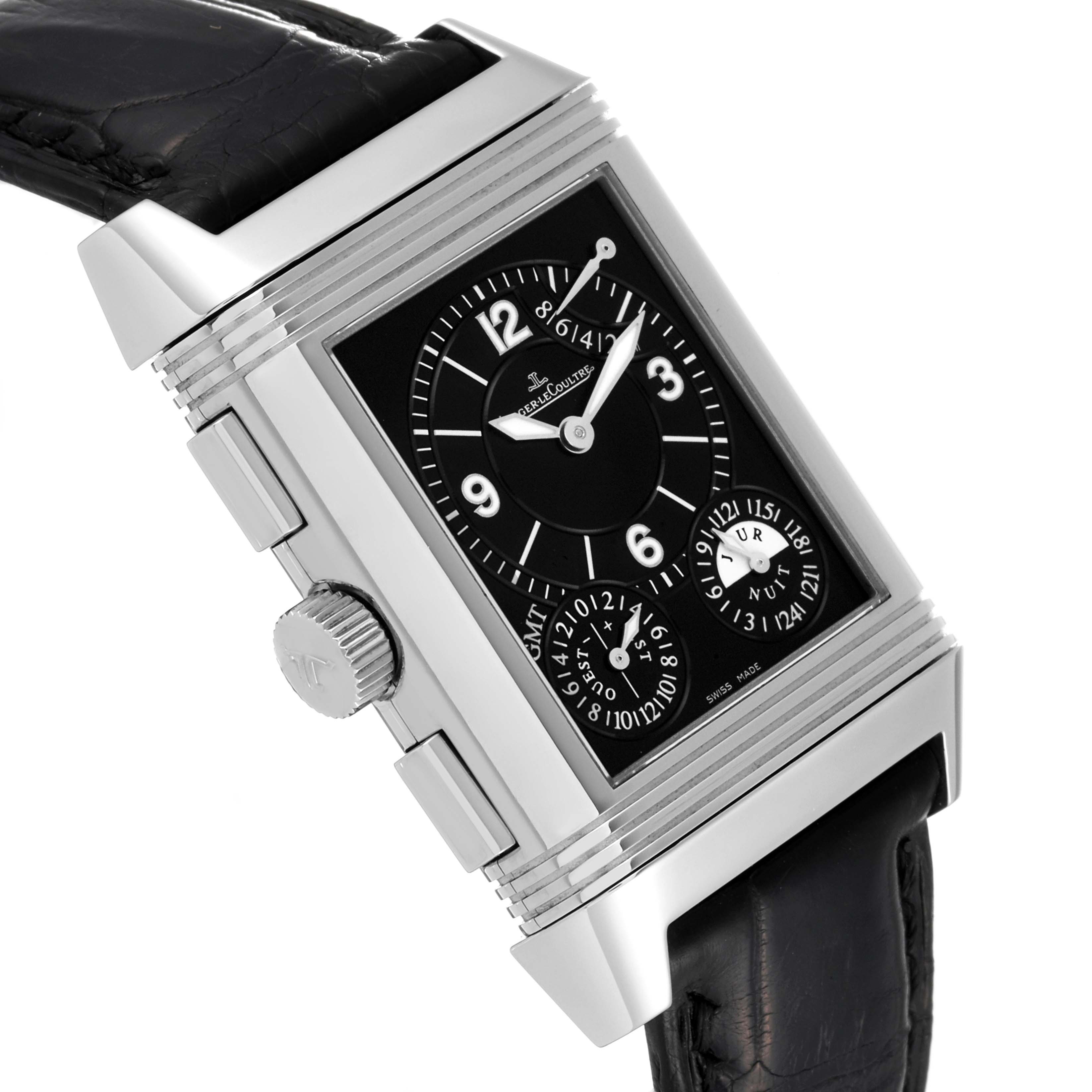 The image shows a close-up angle of the Jaeger-LeCoultre Reverso watch, highlighting its face, crown, and leather strap.