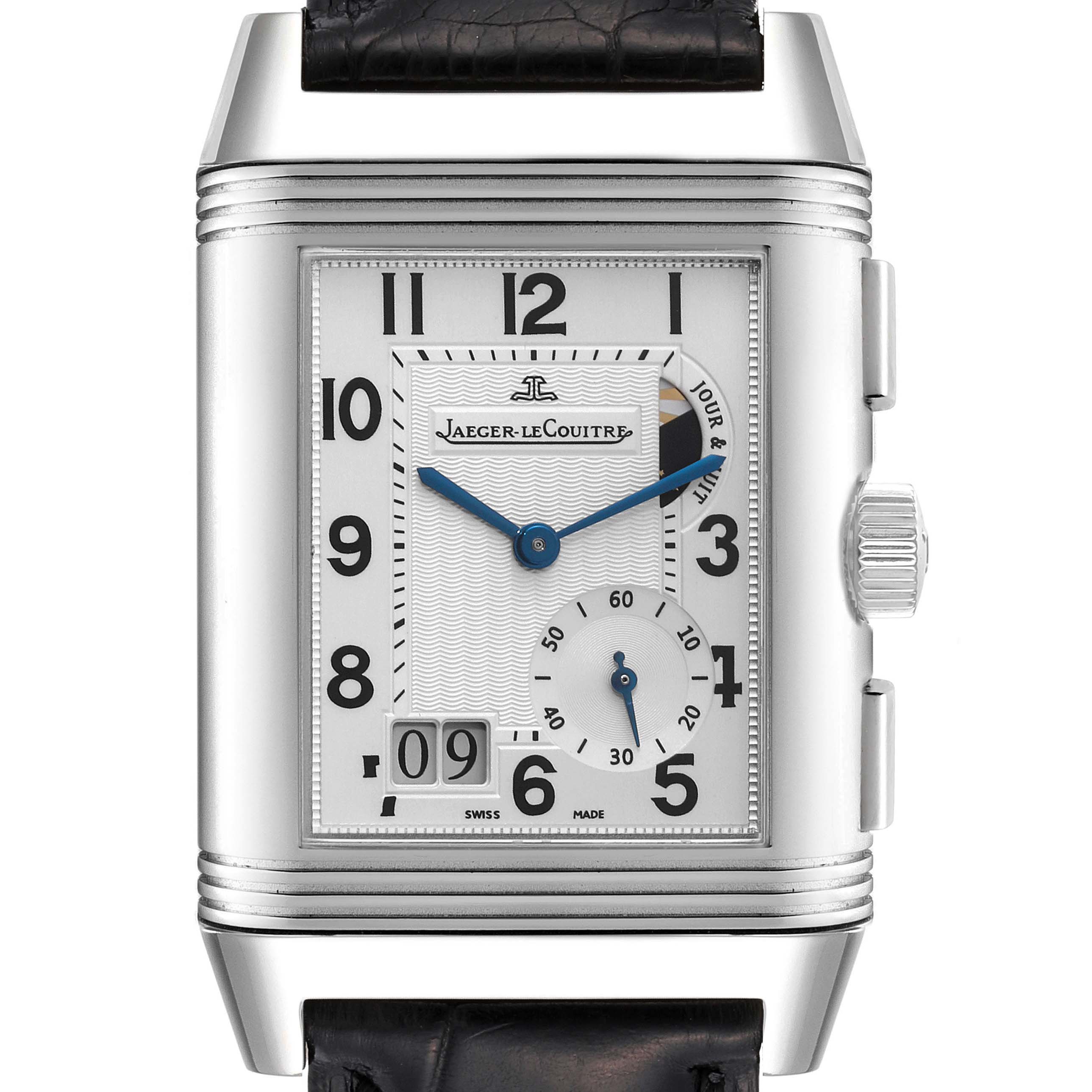 The image shows a Jaeger-LeCoultre Reverso watch front view, highlighting the dial, crown, and part of the strap.
