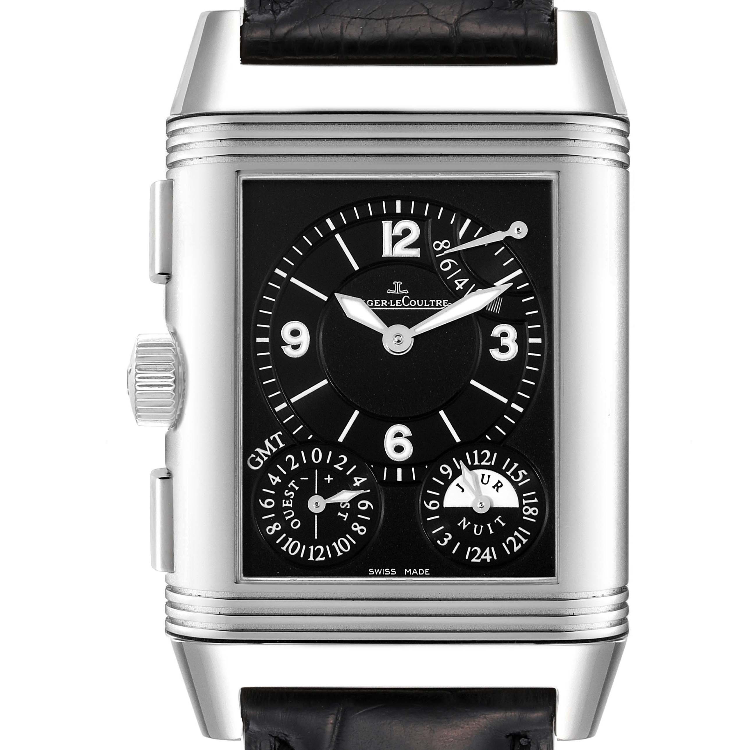 The image shows a front view of a Jaeger-LeCoultre Reverso watch, highlighting its dials and rectangular case design.
