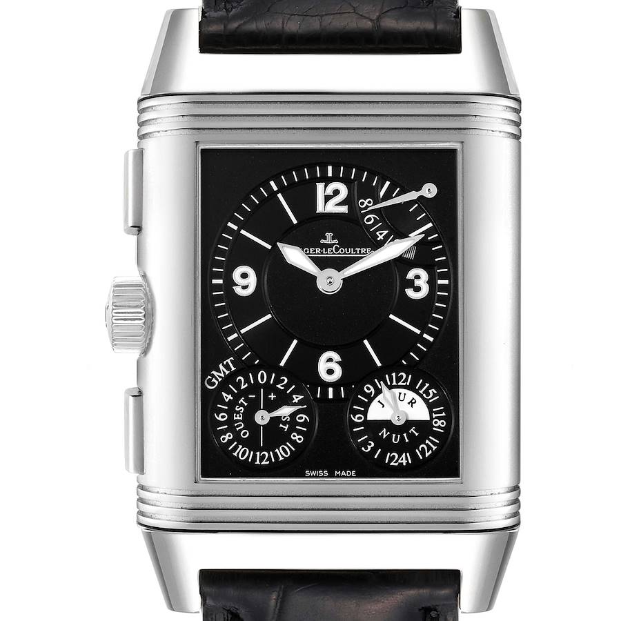 The image shows a front view of a Jaeger-LeCoultre Reverso watch, highlighting its dials and rectangular case design.