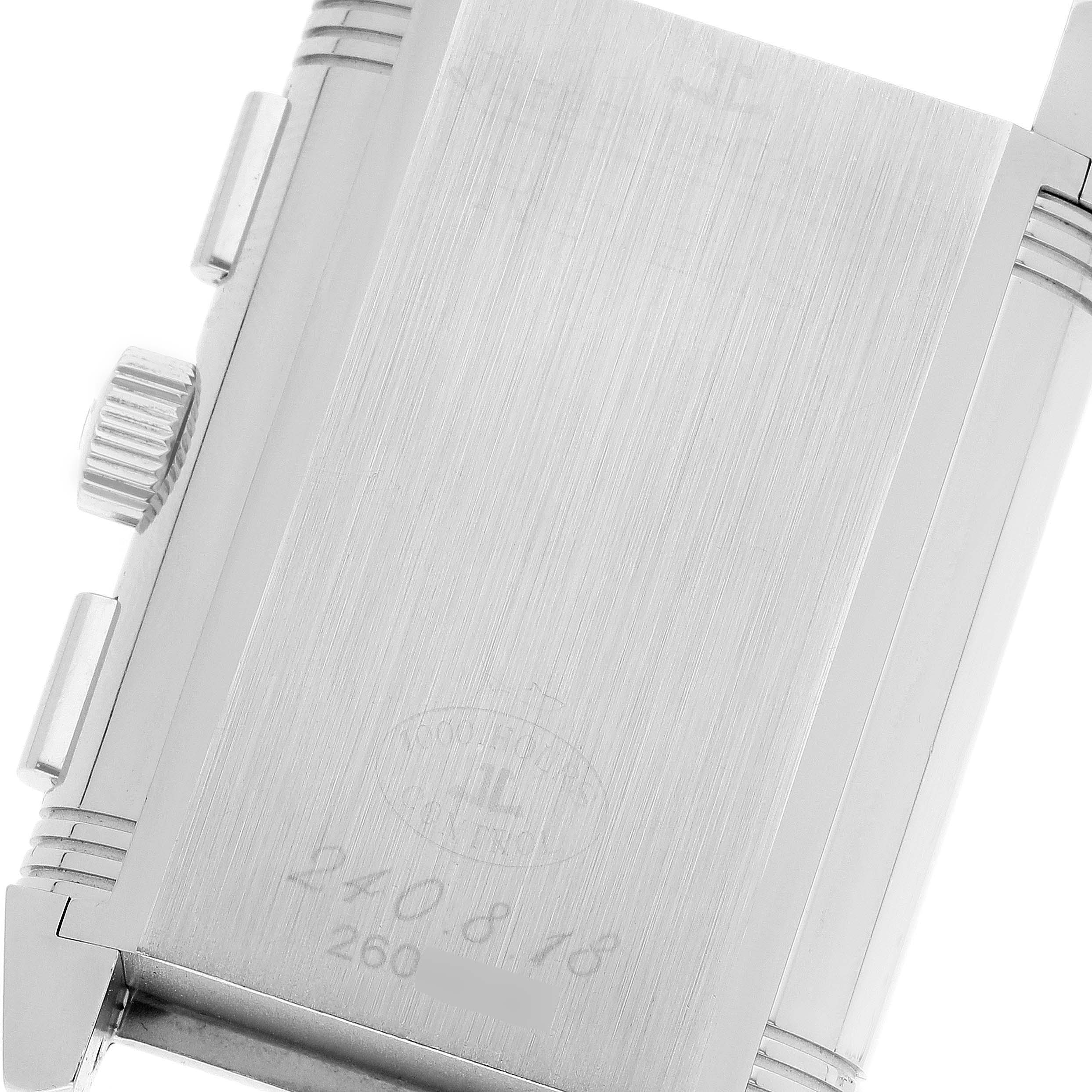 This image shows the caseback and side view of a Jaeger LeCoultre Reverso Q3028420 Men
s Stainless Steel Silver Dial Q3028420 Men
s Stainless Steel Silver Dial watch, focusing on the brushed metal finish and crown.
