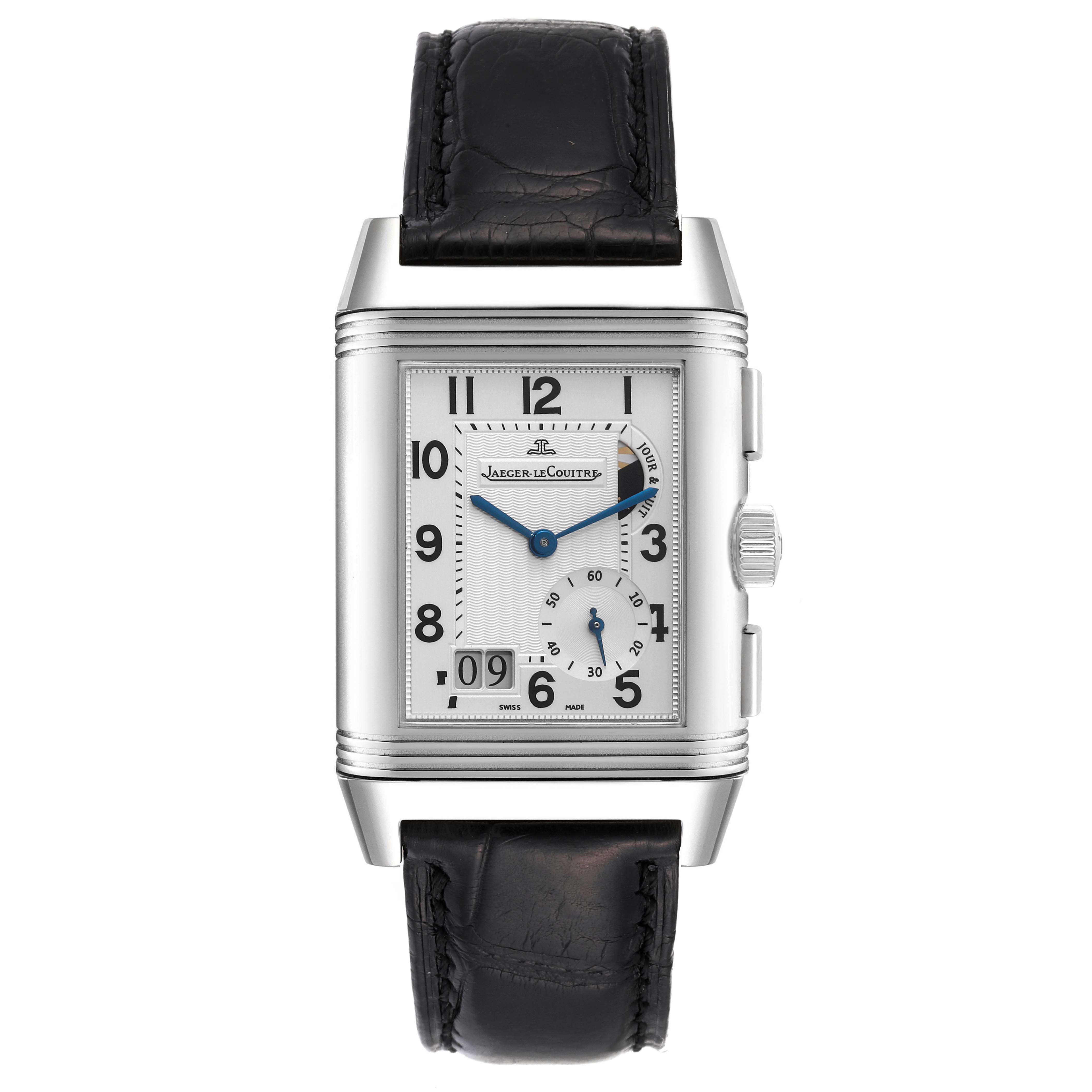 This image shows a front view of a Jaeger-LeCoultre Reverso watch displaying its face, dial, and black leather strap.