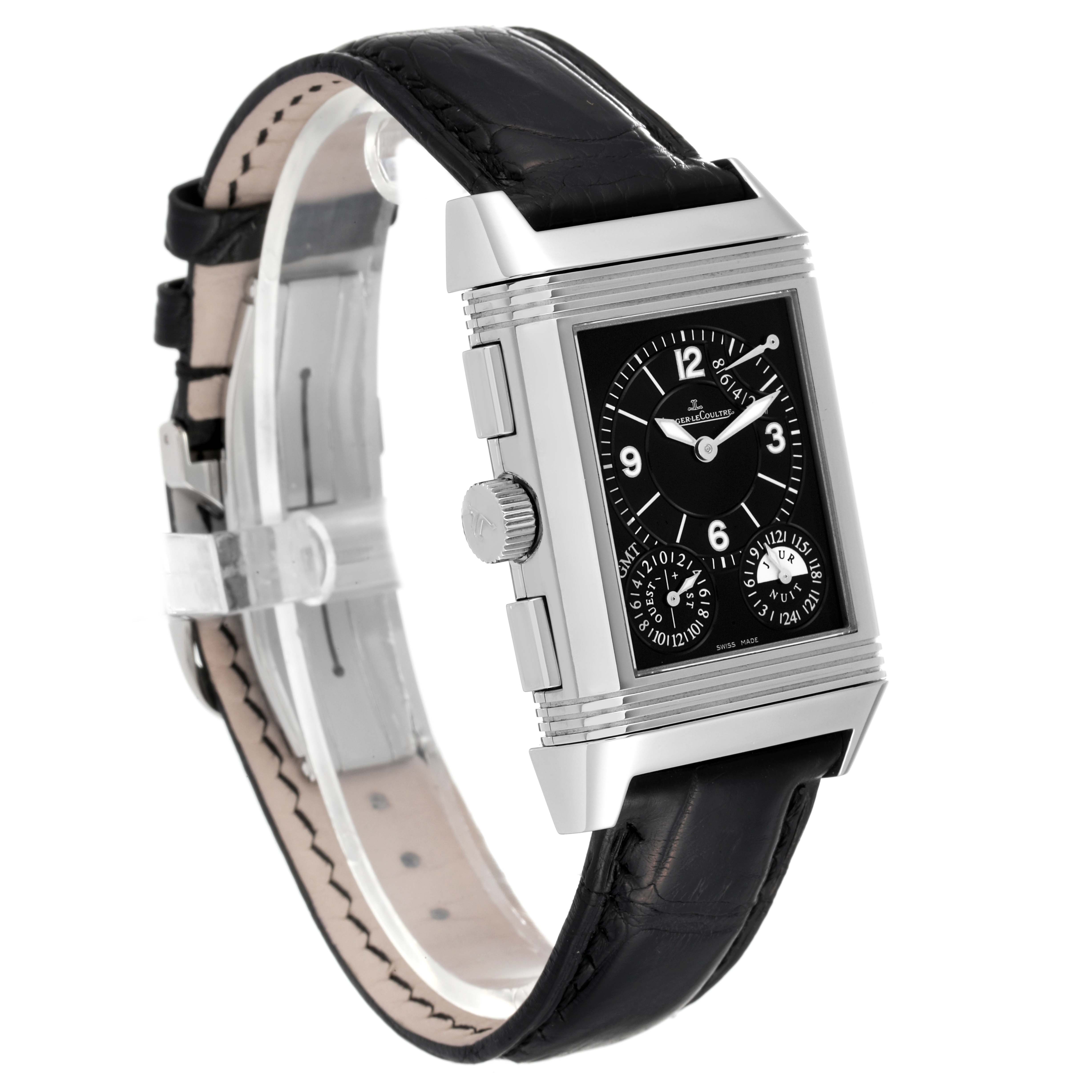 The Jaeger LeCoultre Reverso Q3028420 Men
s Stainless Steel Silver Dial Q3028420 Men
s Stainless Steel Silver Dial watch is shown at a three-quarter angle, displaying its rectangular case, crown, and a portion of the black leather strap.