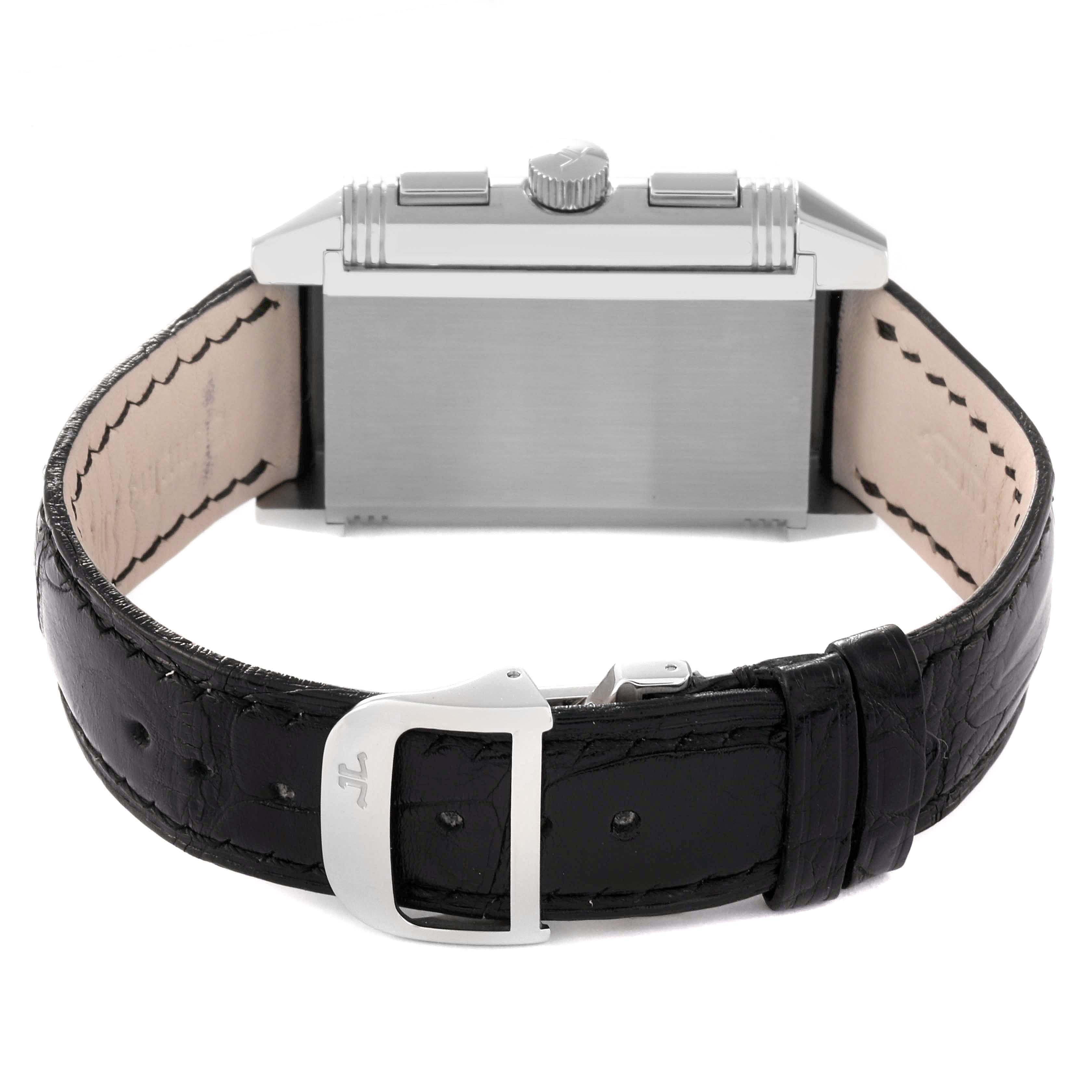 The image shows the back and side view of a Jaeger LeCoultre Reverso Q3028420 Men
s Stainless Steel Silver Dial Q3028420 Men
s Stainless Steel Silver Dial watch, highlighting the casing, crown, and leather strap.
