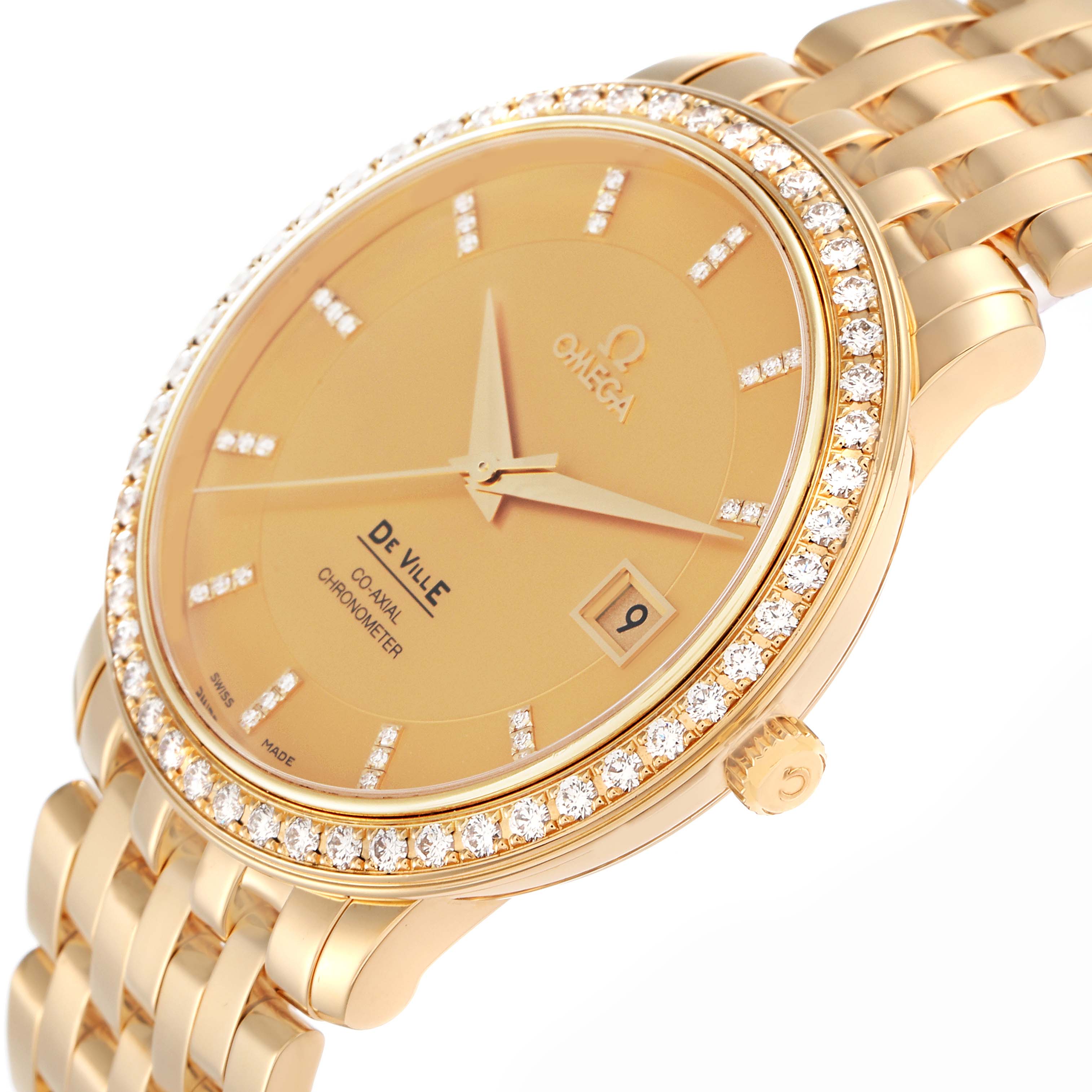 The Omega De Ville 413.58.37.20.58.001 Men's Yellow Gold Champagne Dial watch is shown at a slight angle, highlighting the dial, diamond-studded bezel, and part of the bracelet.