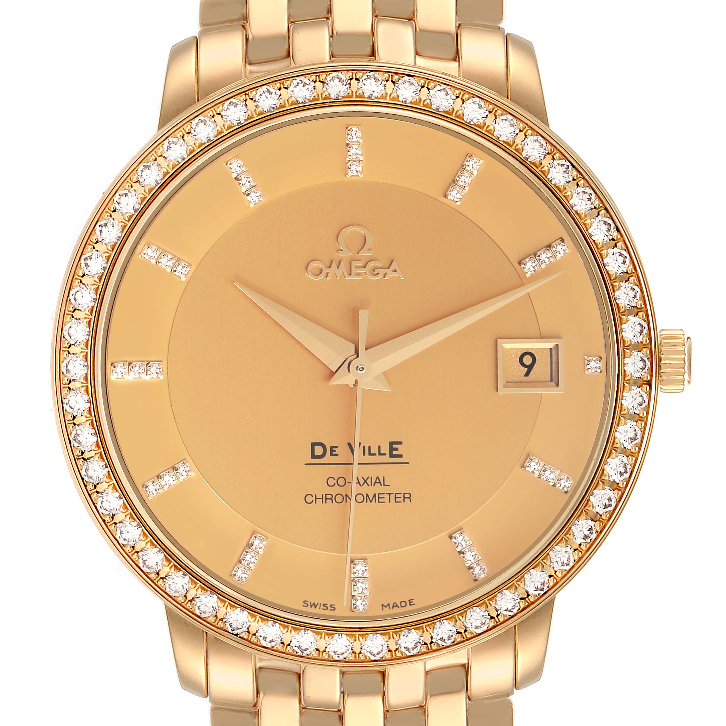 The Omega De Ville 413.58.37.20.58.001 Men's Yellow Gold Champagne Dial watch is shown from the front, highlighting the dial, hands, date window, and bejeweled bezel.