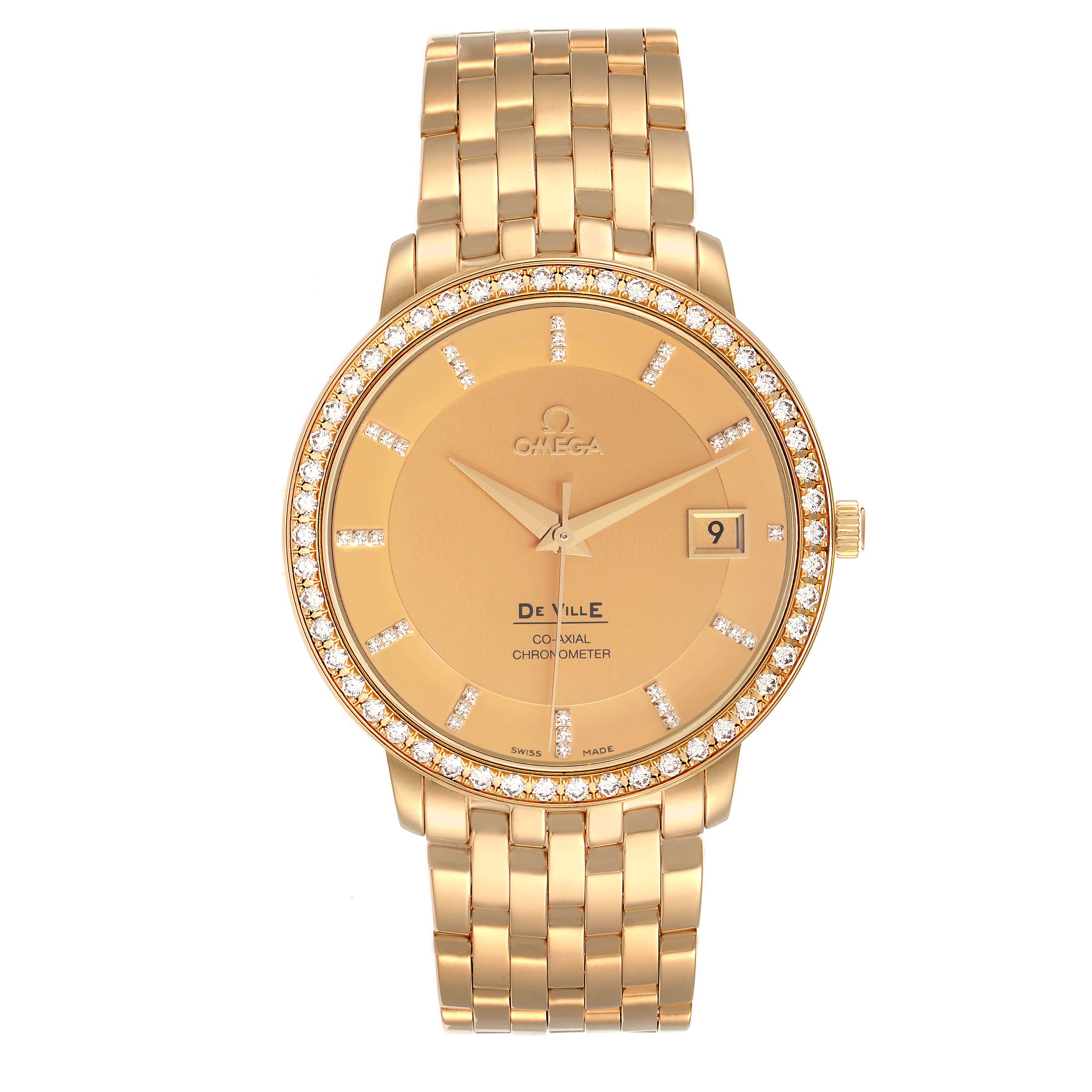 The Omega De Ville 413.58.37.20.58.001 Men's Yellow Gold Champagne Dial watch is shown from the front, displaying the face, bezel, and bracelet.