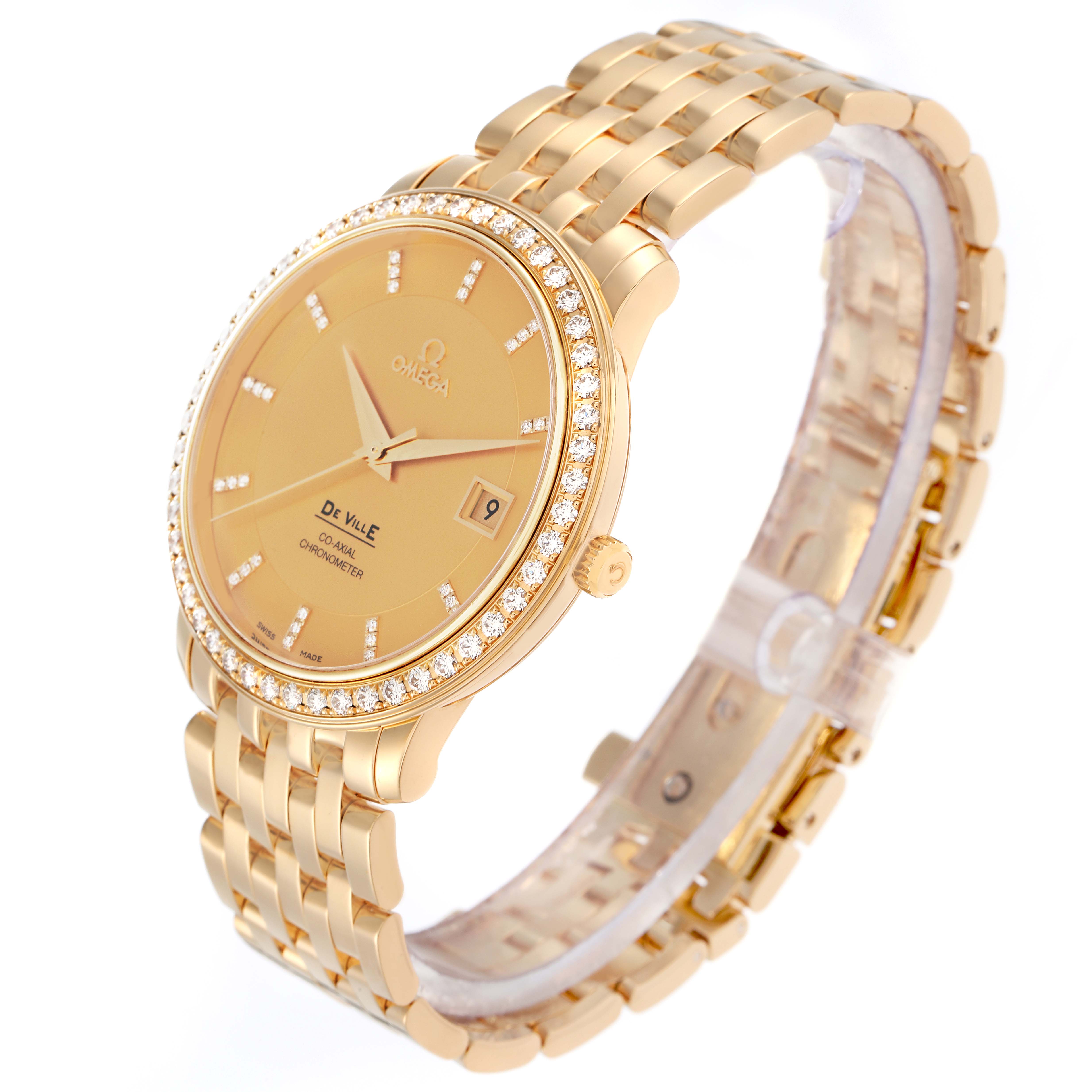 The Omega De Ville 413.58.37.20.58.001 Men's Yellow Gold Champagne Dial watch is shown at a slight angle highlighting the face, date window, and bracelet.