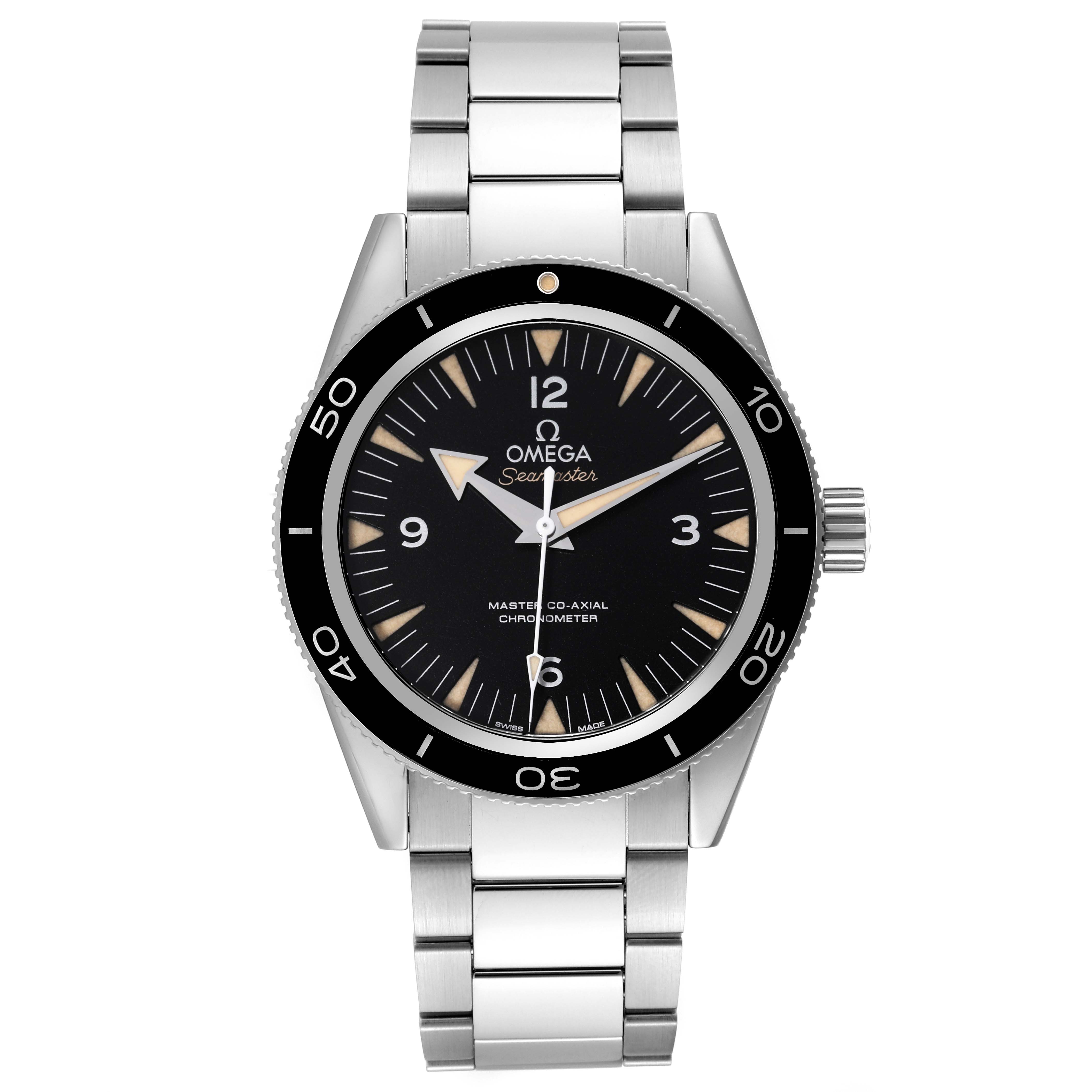 The image shows a front view of the Omega Seamaster 233.30.41.21.01.001 Men
s Stainless Steel Black Dial 233.30.41.21.01.001 Men
s Stainless Steel Black Dial watch, highlighting its black bezel, dial, and stainless steel bracelet.