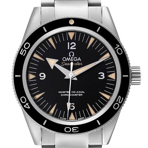 This image shows a front view of the Omega Seamaster watch, highlighting the dial, bezel, and part of the bracelet.