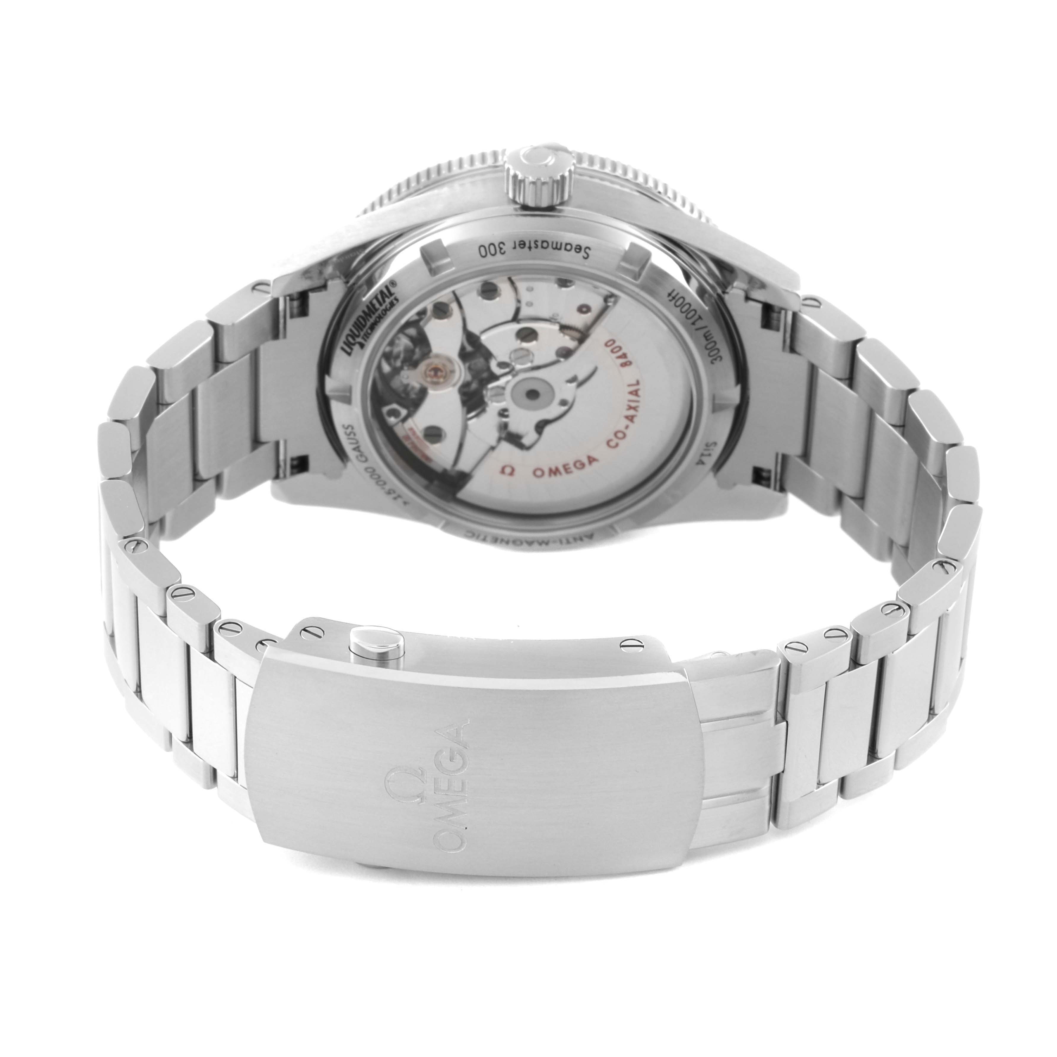 The image shows the back view of the Omega Seamaster 233.30.41.21.01.001 Men
s Stainless Steel Black Dial 233.30.41.21.01.001 Men
s Stainless Steel Black Dial watch, highlighting the case back, movement, and a part of the bracelet and clasp.