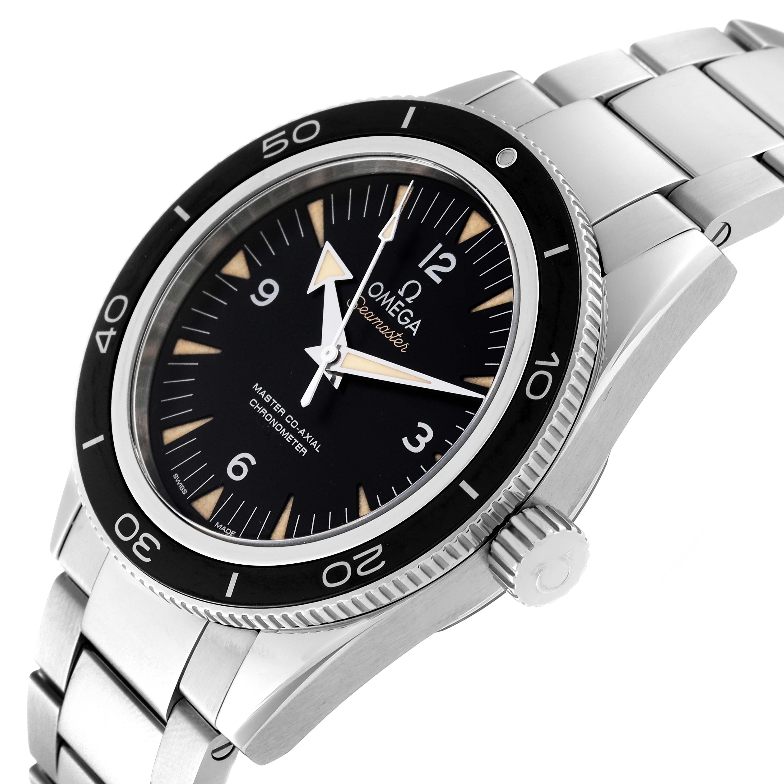 The Omega Seamaster 233.30.41.21.01.001 Men
s Stainless Steel Black Dial 233.30.41.21.01.001 Men
s Stainless Steel Black Dial watch is shown at a three-quarter angle, highlighting its black bezel, black dial, and stainless steel bracelet.