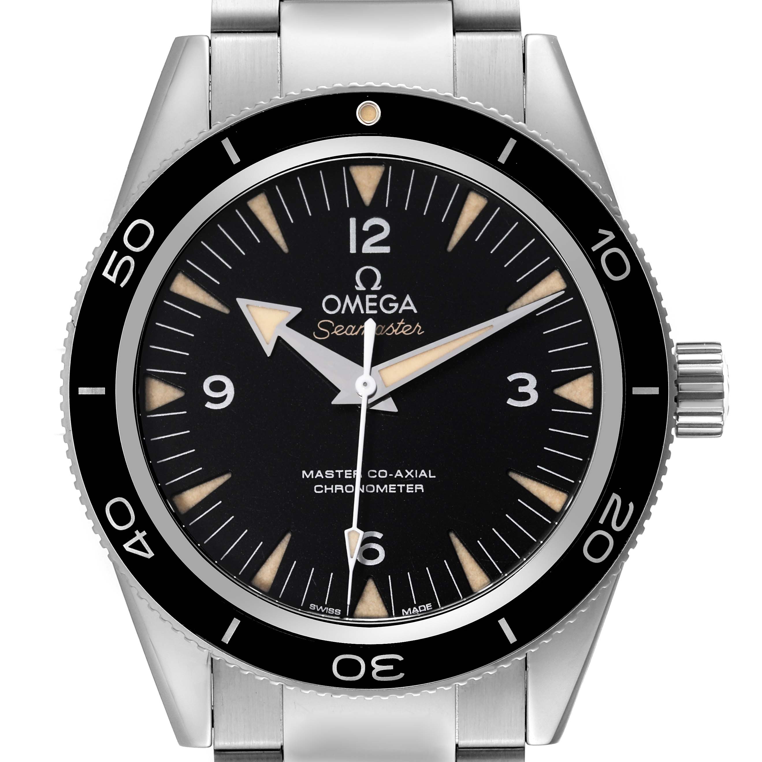 The image shows a front view of the Omega Seamaster 233.30.41.21.01.001 Men
s Stainless Steel Black Dial 233.30.41.21.01.001 Men
s Stainless Steel Black Dial watch, highlighting the dial, bezel, and part of the bracelet.