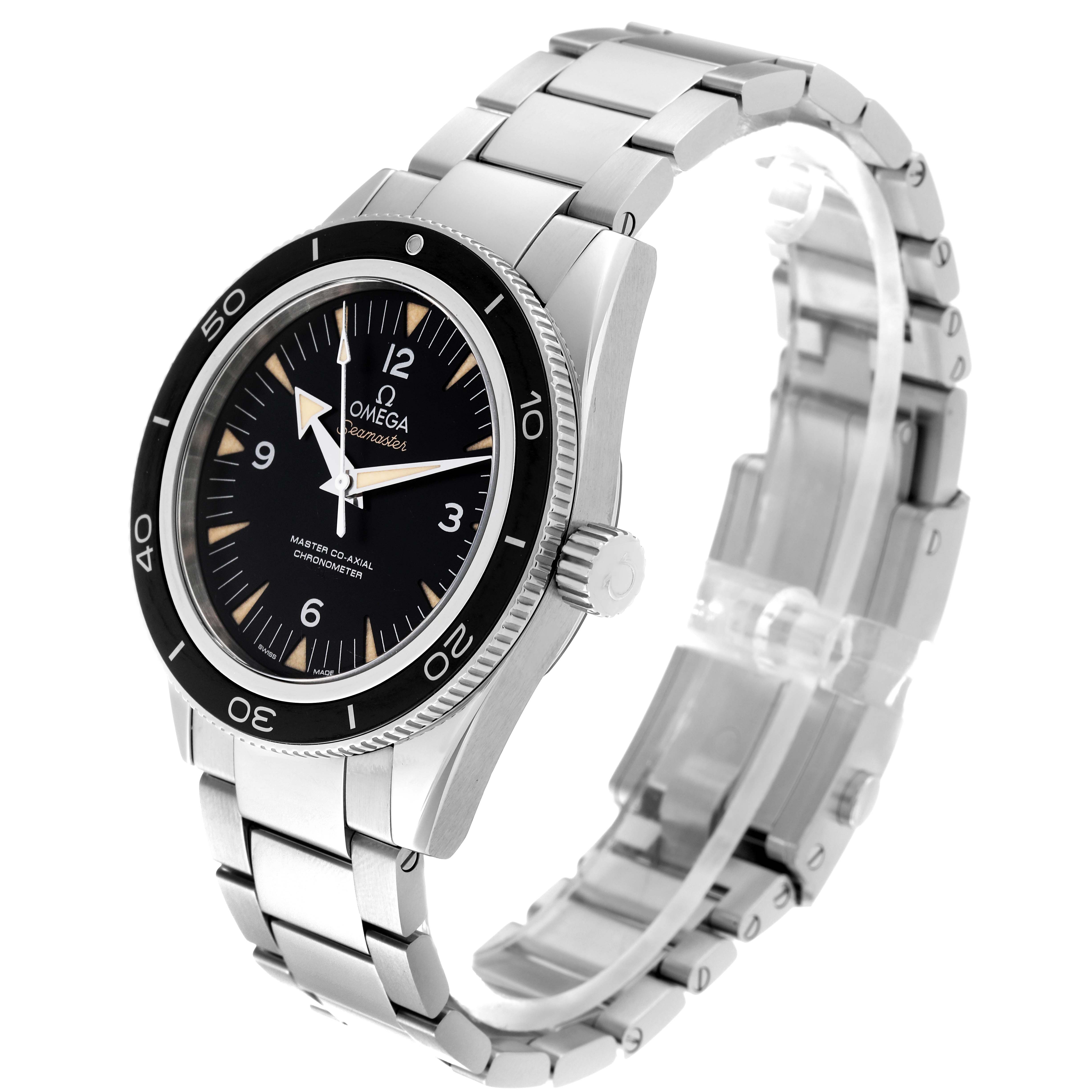 The Omega Seamaster 233.30.41.21.01.001 Men
s Stainless Steel Black Dial 233.30.41.21.01.001 Men
s Stainless Steel Black Dial watch is shown at a three-quarter angle displaying the face, bezel, bracelet, and crown.