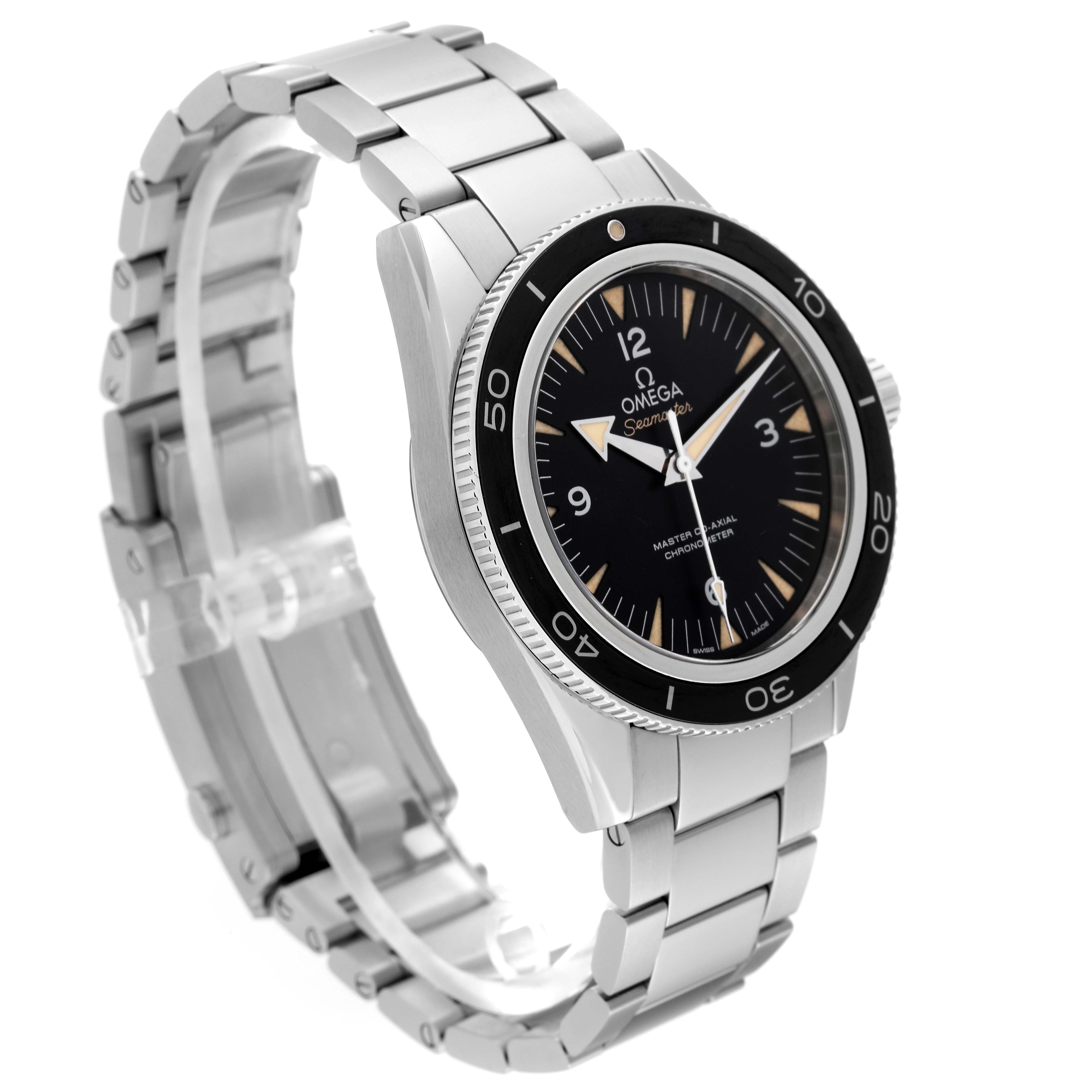The image shows an angled view of an Omega Seamaster 233.30.41.21.01.001 Men
s Stainless Steel Black Dial 233.30.41.21.01.001 Men
s Stainless Steel Black Dial watch displaying its face, bezel, and metal bracelet.