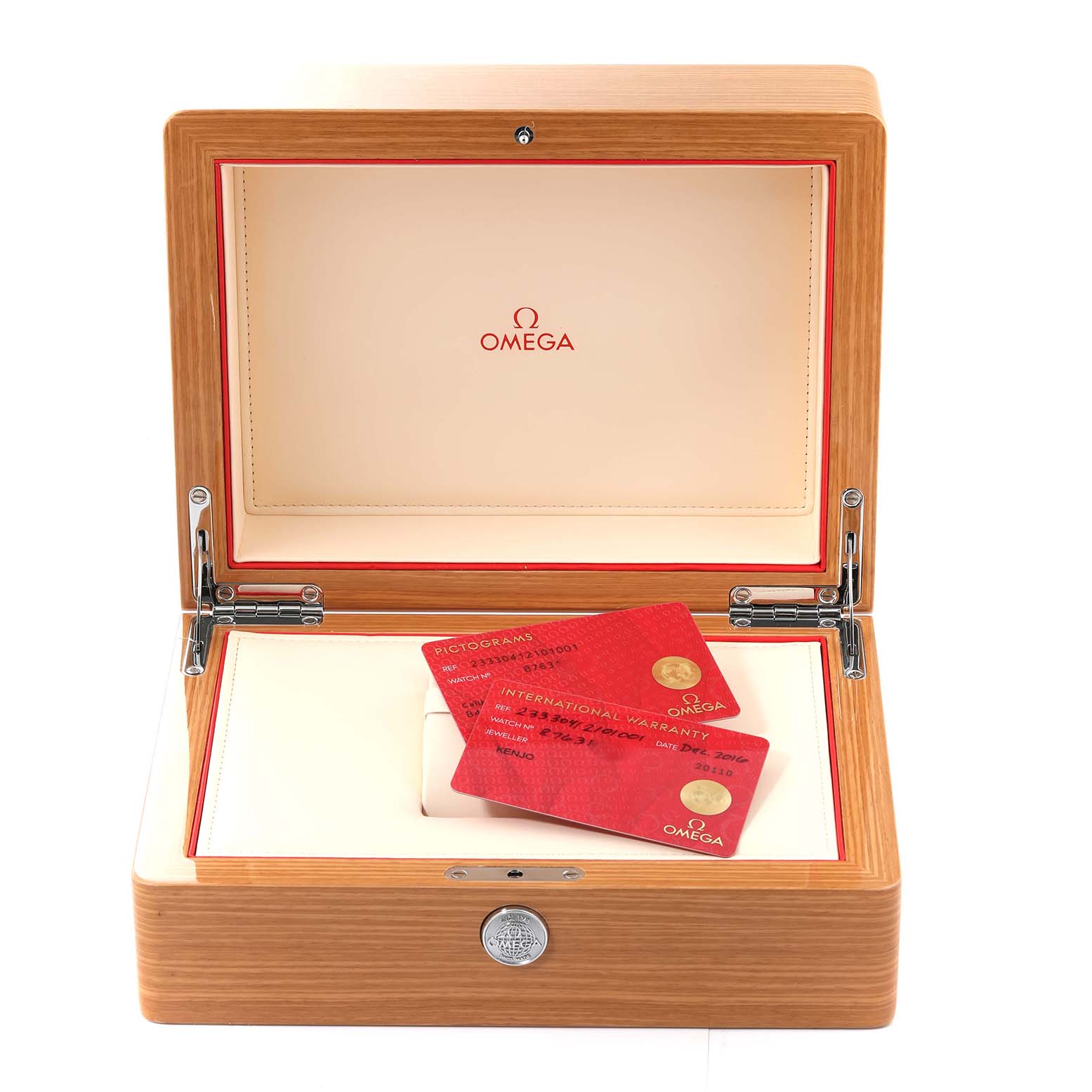 This image shows an open wooden Omega Seamaster 233.30.41.21.01.001 Men
s Stainless Steel Black Dial 233.30.41.21.01.001 Men
s Stainless Steel Black Dial watch box with warranty cards inside.