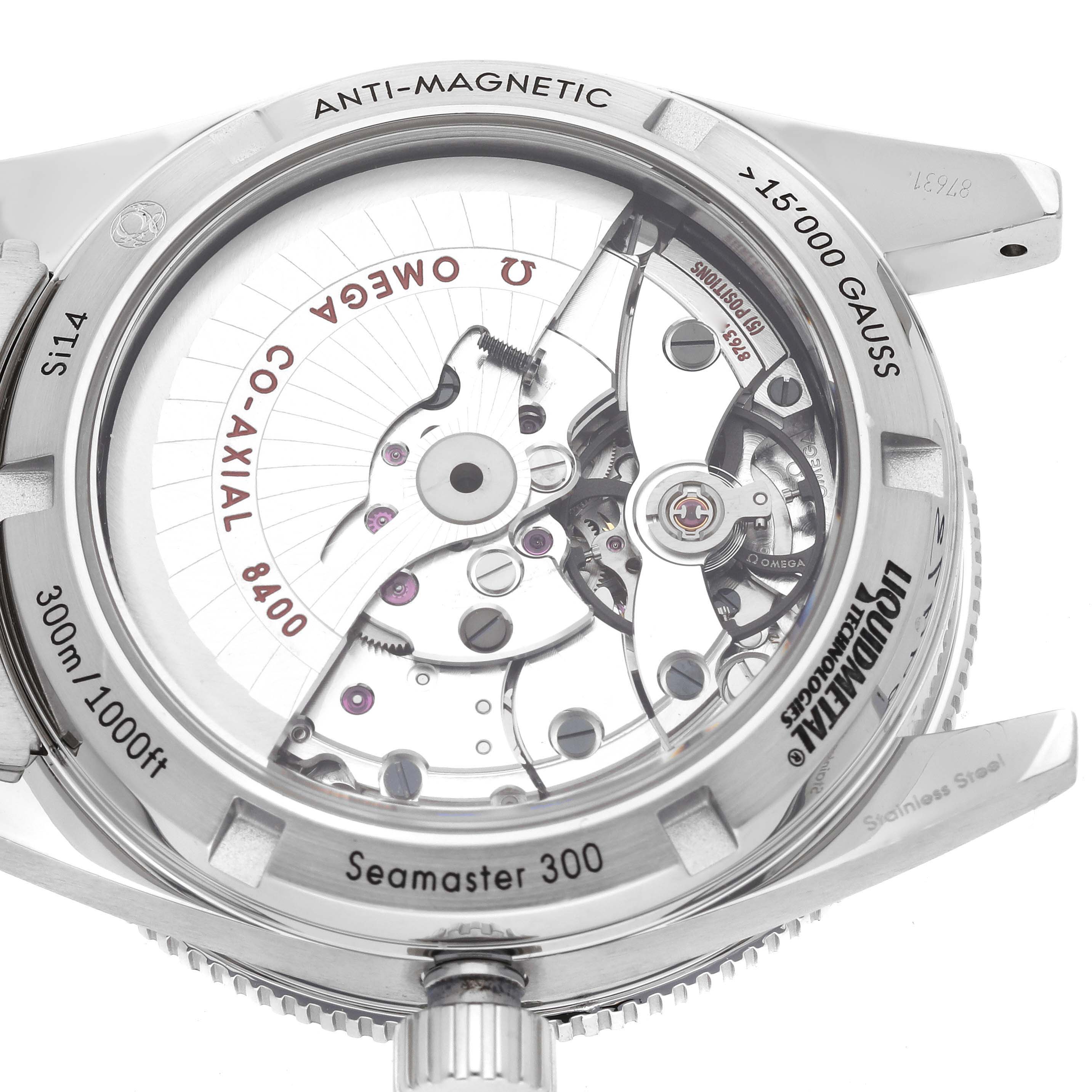 The image shows the back of an Omega Seamaster 233.30.41.21.01.001 Men
s Stainless Steel Black Dial 233.30.41.21.01.001 Men
s Stainless Steel Black Dial 300 watch, highlighting the transparent case showcasing the Co-Axial 8400 movement.