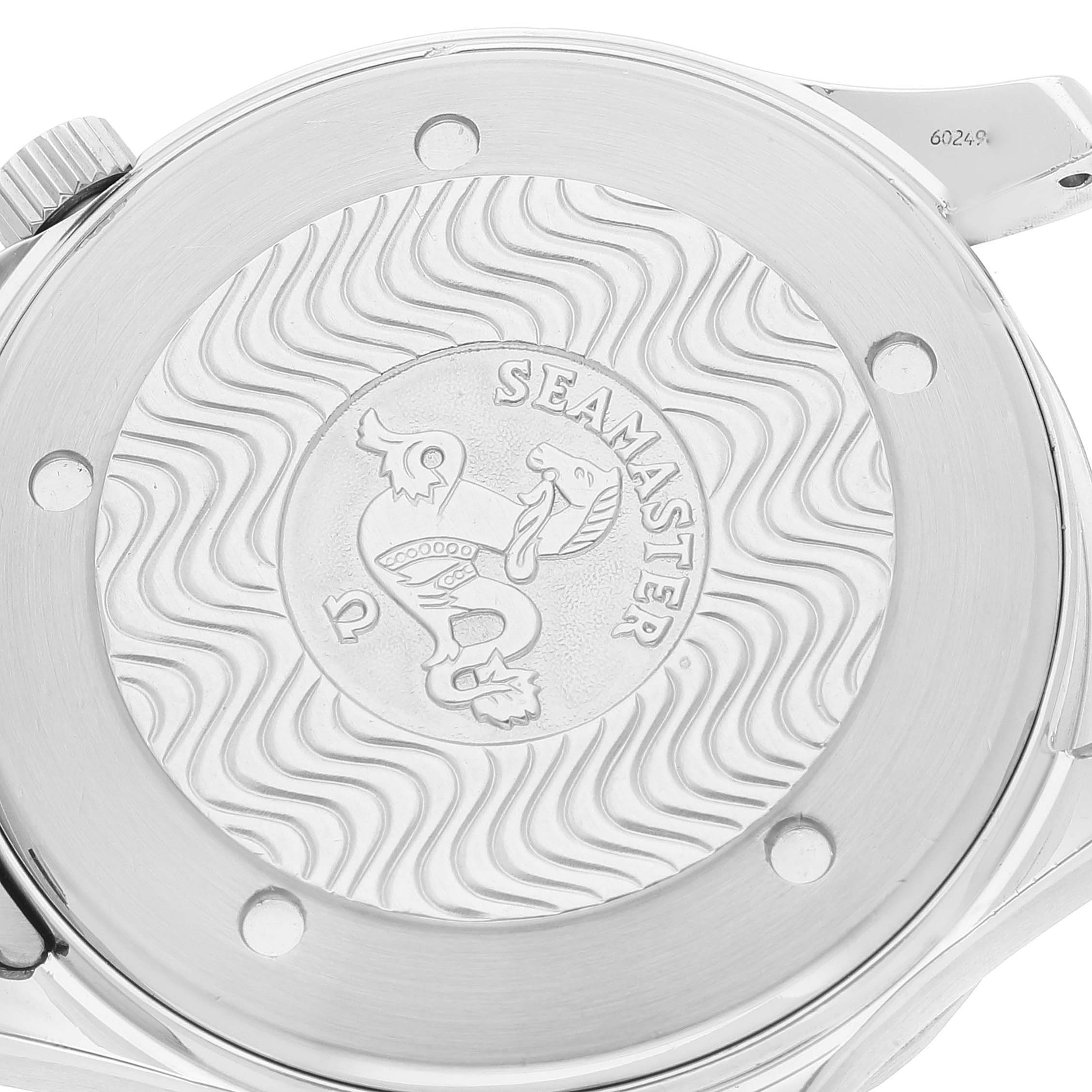 The image shows the back case of an Omega Seamaster 2531.80.00 Men's Stainless Steel Blue Dial 2531.80.00 Men's Stainless Steel Blue Dial watch with wave patterns and the Seamaster logo.