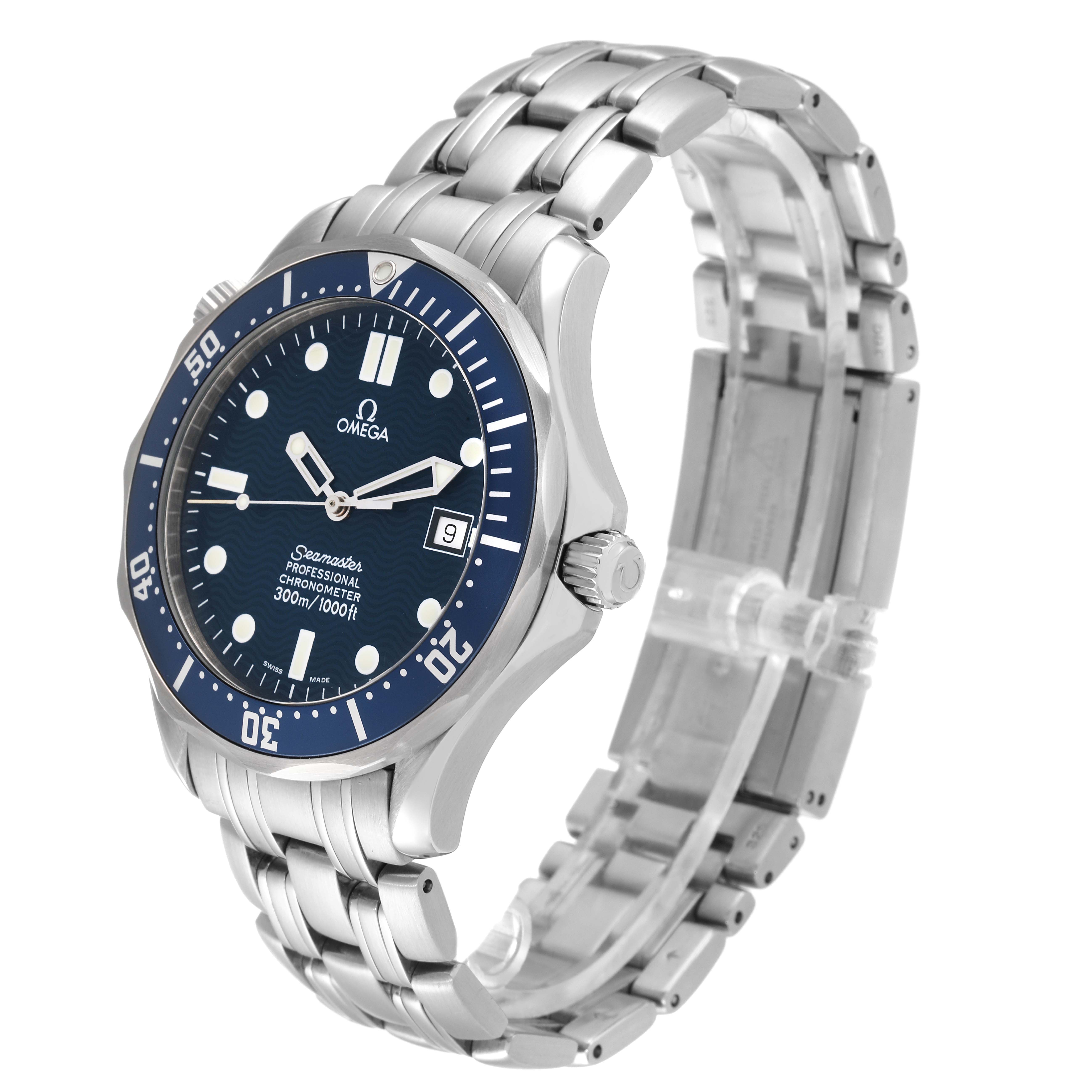 The image shows a front-left angled view of an Omega Seamaster 2531.80.00 Men's Stainless Steel Blue Dial 2531.80.00 Men's Stainless Steel Blue Dial watch, highlighting the face, bezel, and metal bracelet.