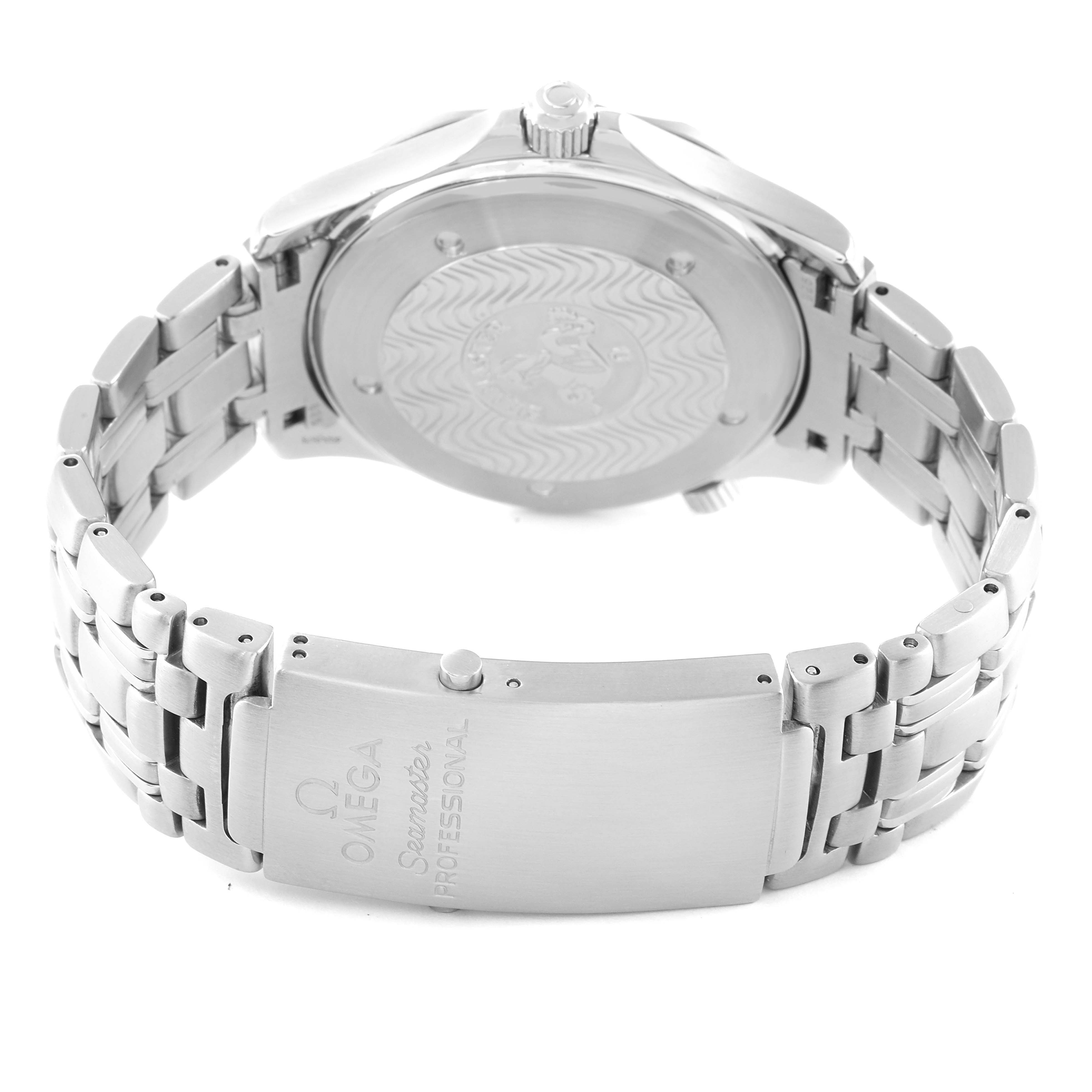 This image shows the backside and bracelet clasp of an Omega Seamaster 2531.80.00 Men's Stainless Steel Blue Dial 2531.80.00 Men's Stainless Steel Blue Dial watch, highlighting its engraved case back and metal link band.