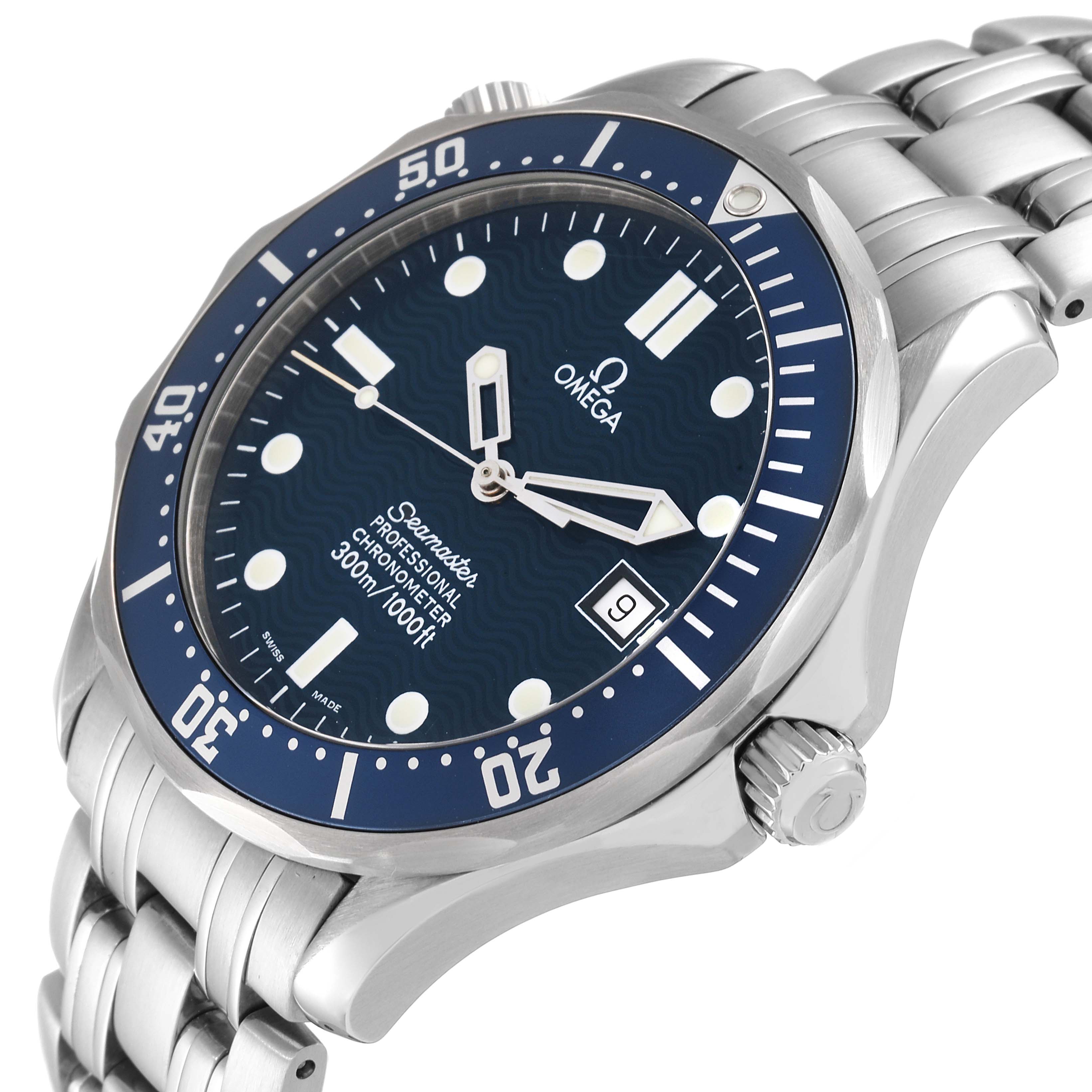The image shows an angled view of an Omega Seamaster 2531.80.00 Men's Stainless Steel Blue Dial 2531.80.00 Men's Stainless Steel Blue Dial watch, highlighting its bezel, dial, case, crown, and bracelet.