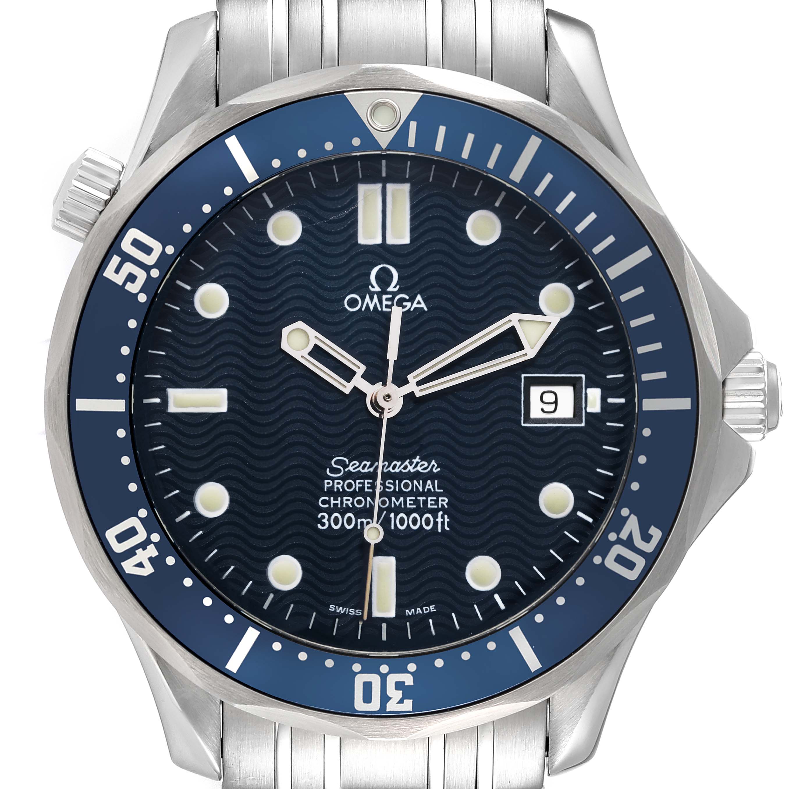 This image shows a front view of the Omega Seamaster 2531.80.00 Men's Stainless Steel Blue Dial 2531.80.00 Men's Stainless Steel Blue Dial watch, highlighting the dial, bezel, crown, and part of the bracelet.