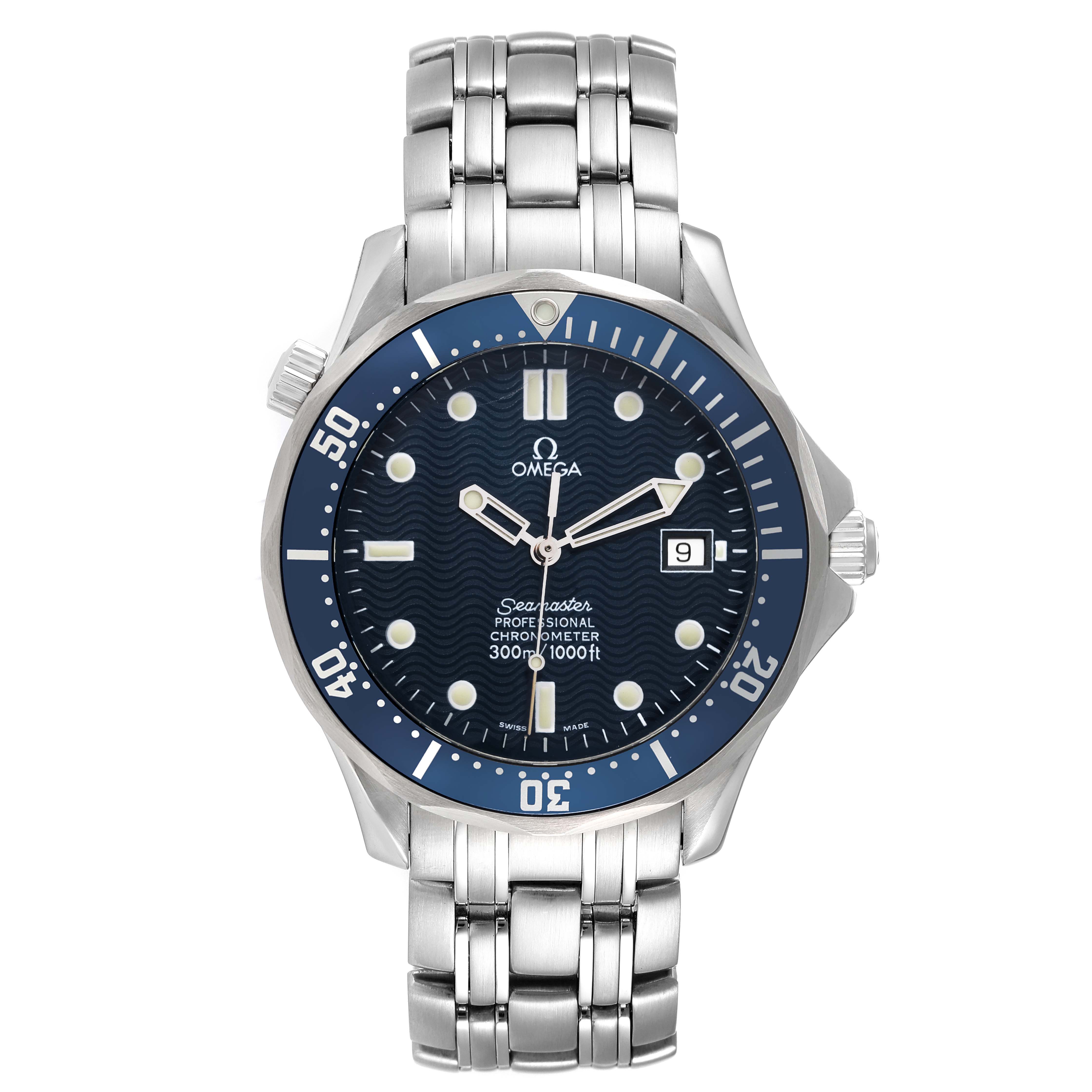 The image shows a front view of an Omega Seamaster 2531.80.00 Men's Stainless Steel Blue Dial 2531.80.00 Men's Stainless Steel Blue Dial watch, highlighting its dial, bezel, hands, and bracelet.