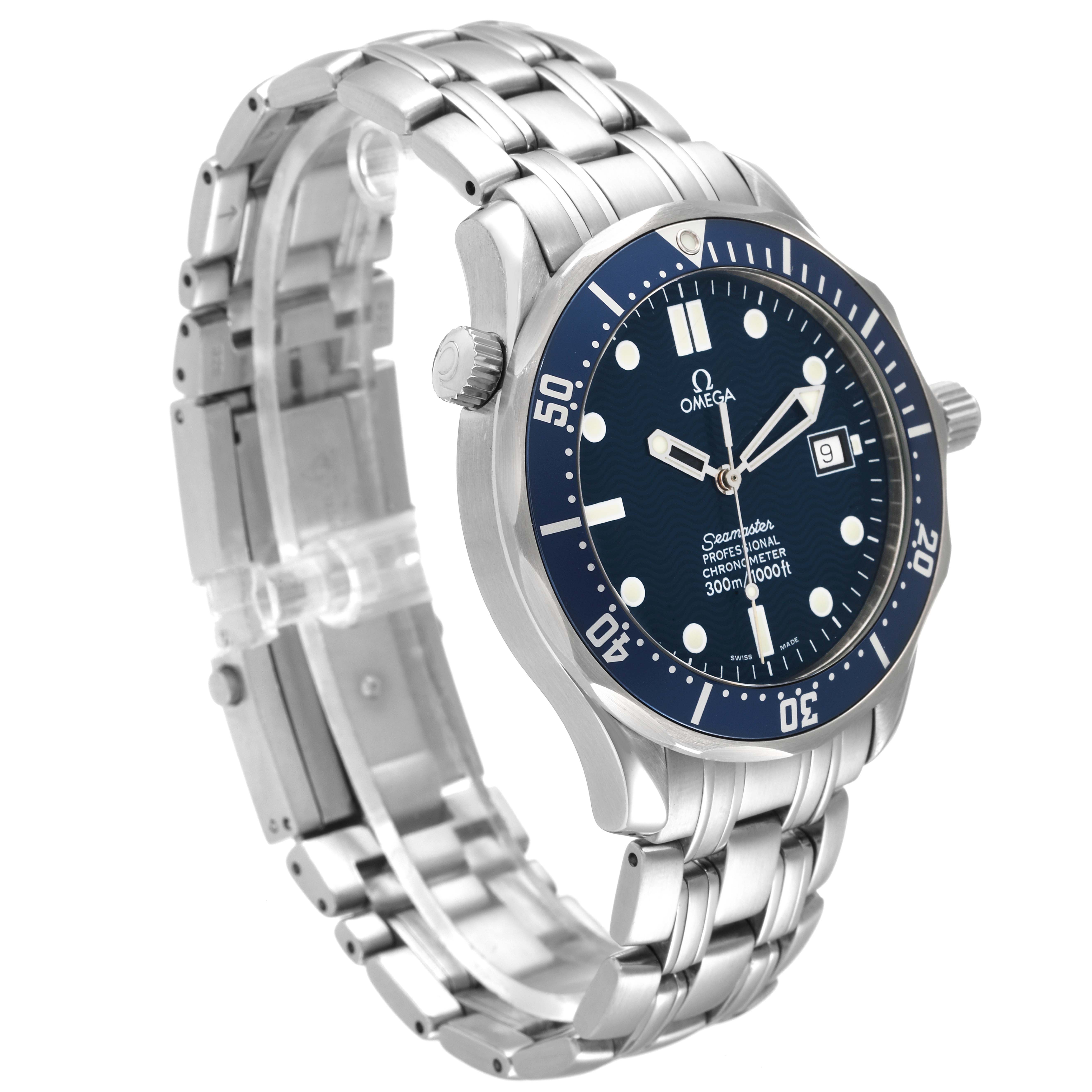 The Omega Seamaster 2531.80.00 Men's Stainless Steel Blue Dial 2531.80.00 Men's Stainless Steel Blue Dial watch is shown at a three-quarter angle, highlighting its face, bezel, and stainless steel bracelet.