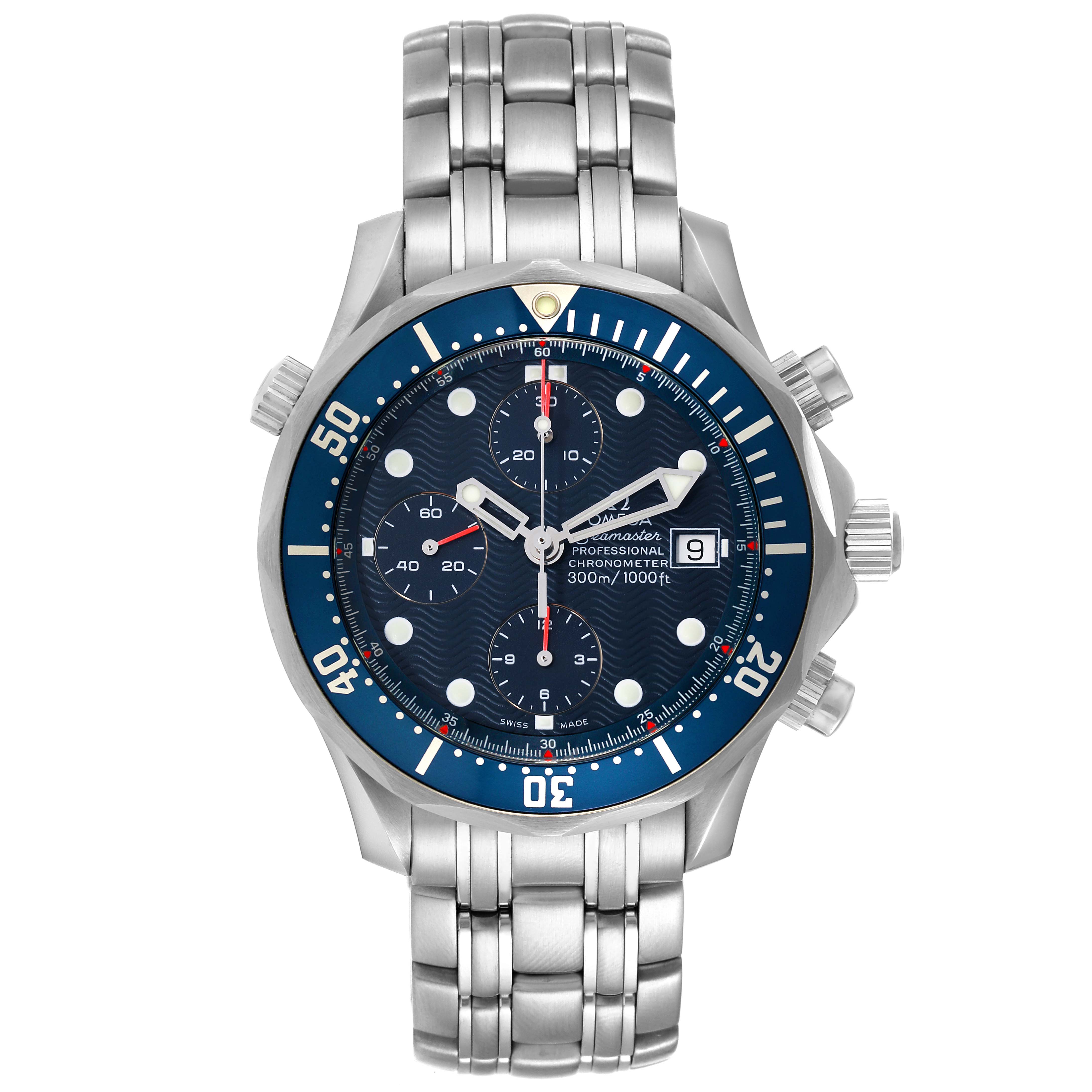 The Omega Seamaster 2599.80.00 Men's Stainless Steel Blue Dial 2599.80.00 Men's Stainless Steel Blue Dial watch is shown from the front, displaying its face, bezel, chronograph subdials, and stainless steel band.