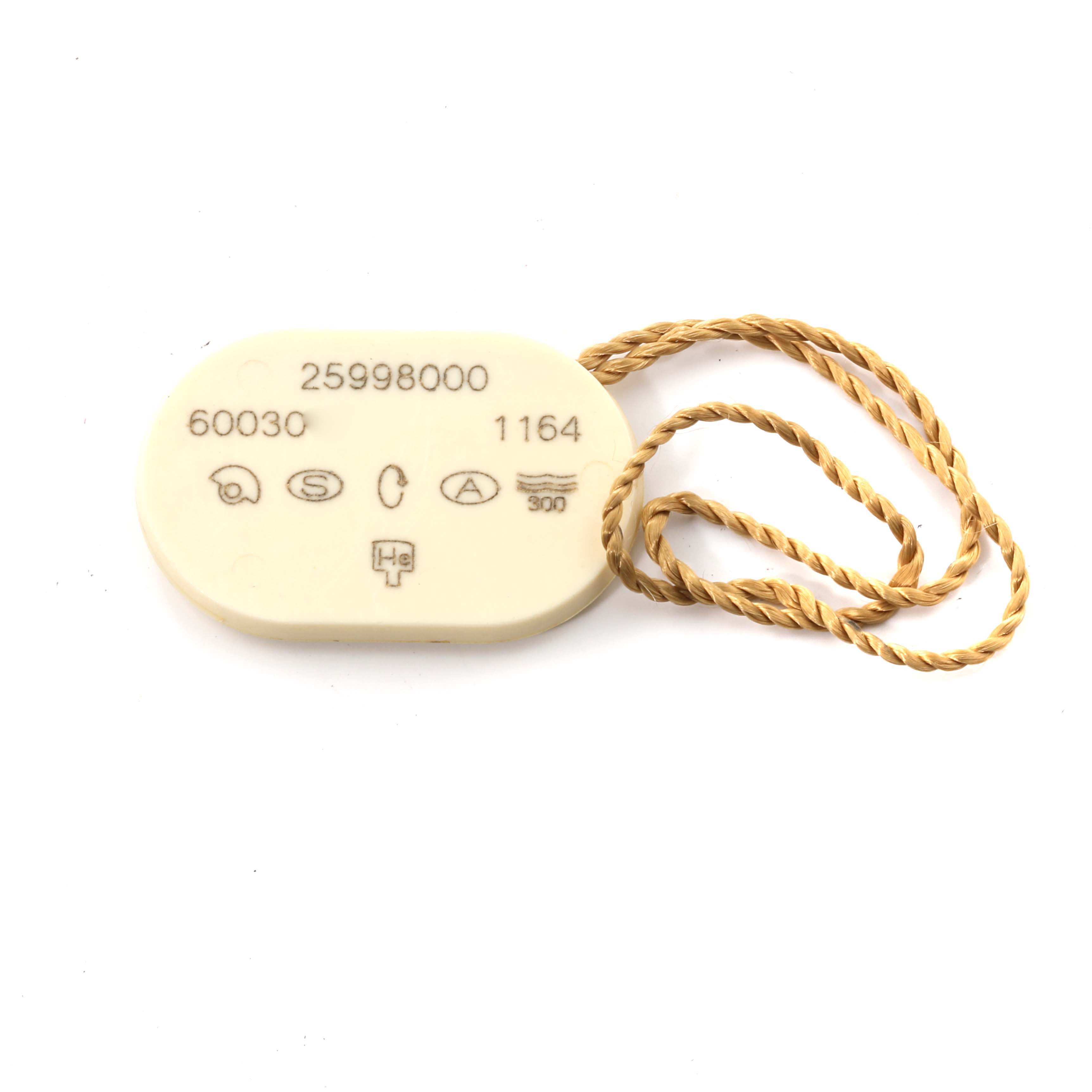 The image shows an Omega Seamaster 2599.80.00 Men's Stainless Steel Blue Dial 2599.80.00 Men's Stainless Steel Blue Dial model tag with various identifiers and a gold-colored twisted cord.