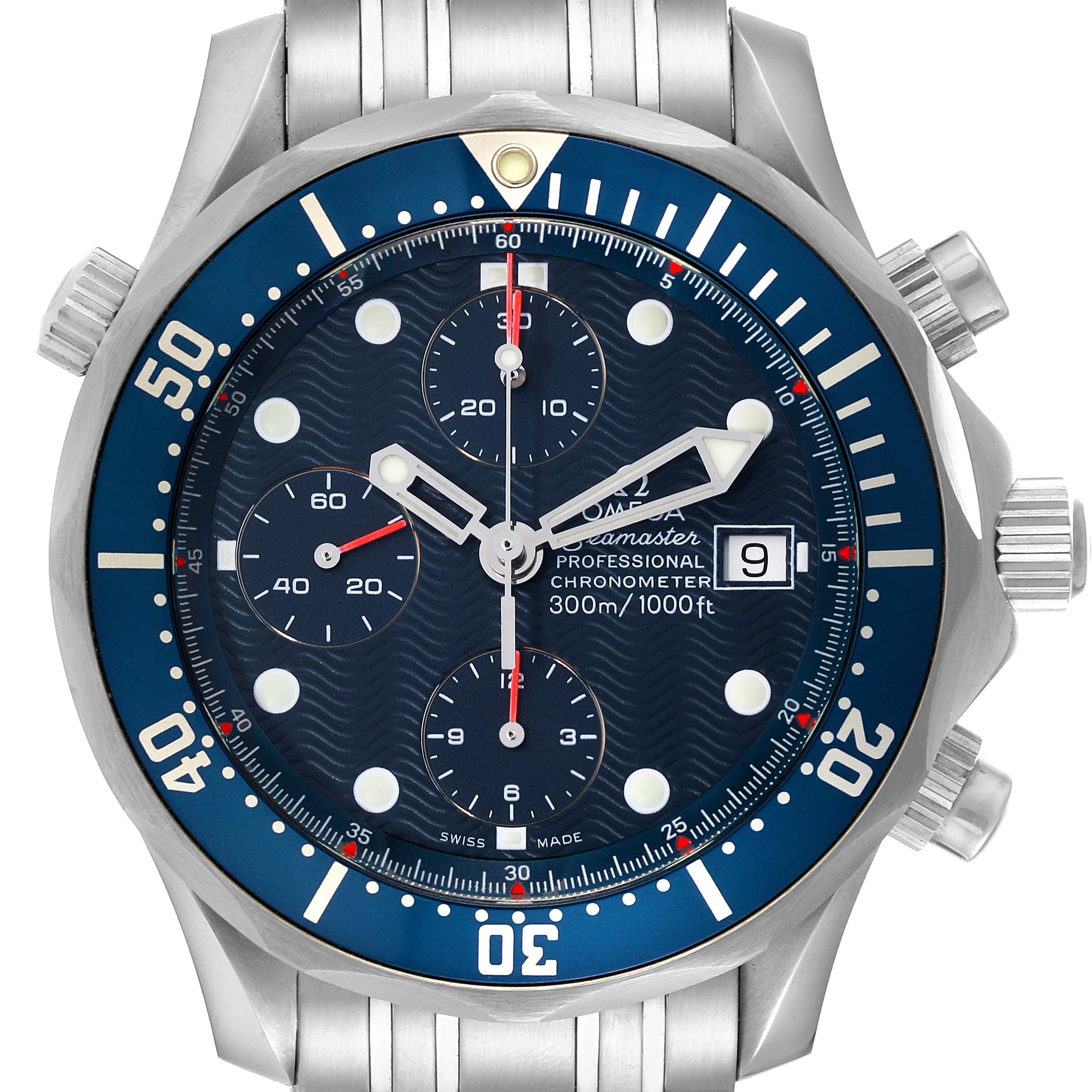 The Omega Seamaster 2599.80.00 Men's Stainless Steel Blue Dial 2599.80.00 Men's Stainless Steel Blue Dial watch is shown from a front angle, highlighting its dial, bezel, sub-dials, hands, and part of the bracelet.