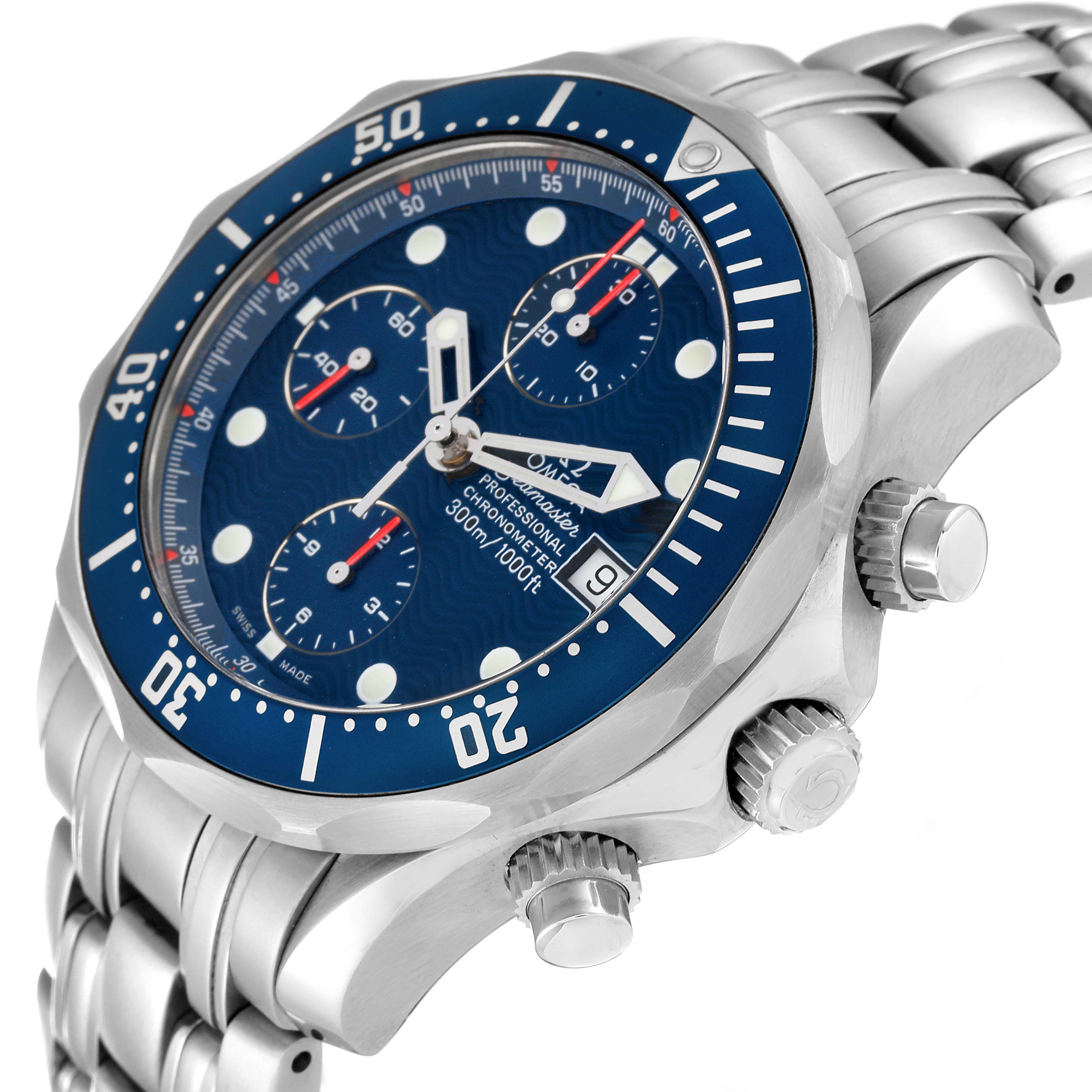 This image shows a side angle of the Omega Seamaster 2599.80.00 Men's Stainless Steel Blue Dial 2599.80.00 Men's Stainless Steel Blue Dial watch, highlighting the bezel, crown, chronograph dials, and bracelet.