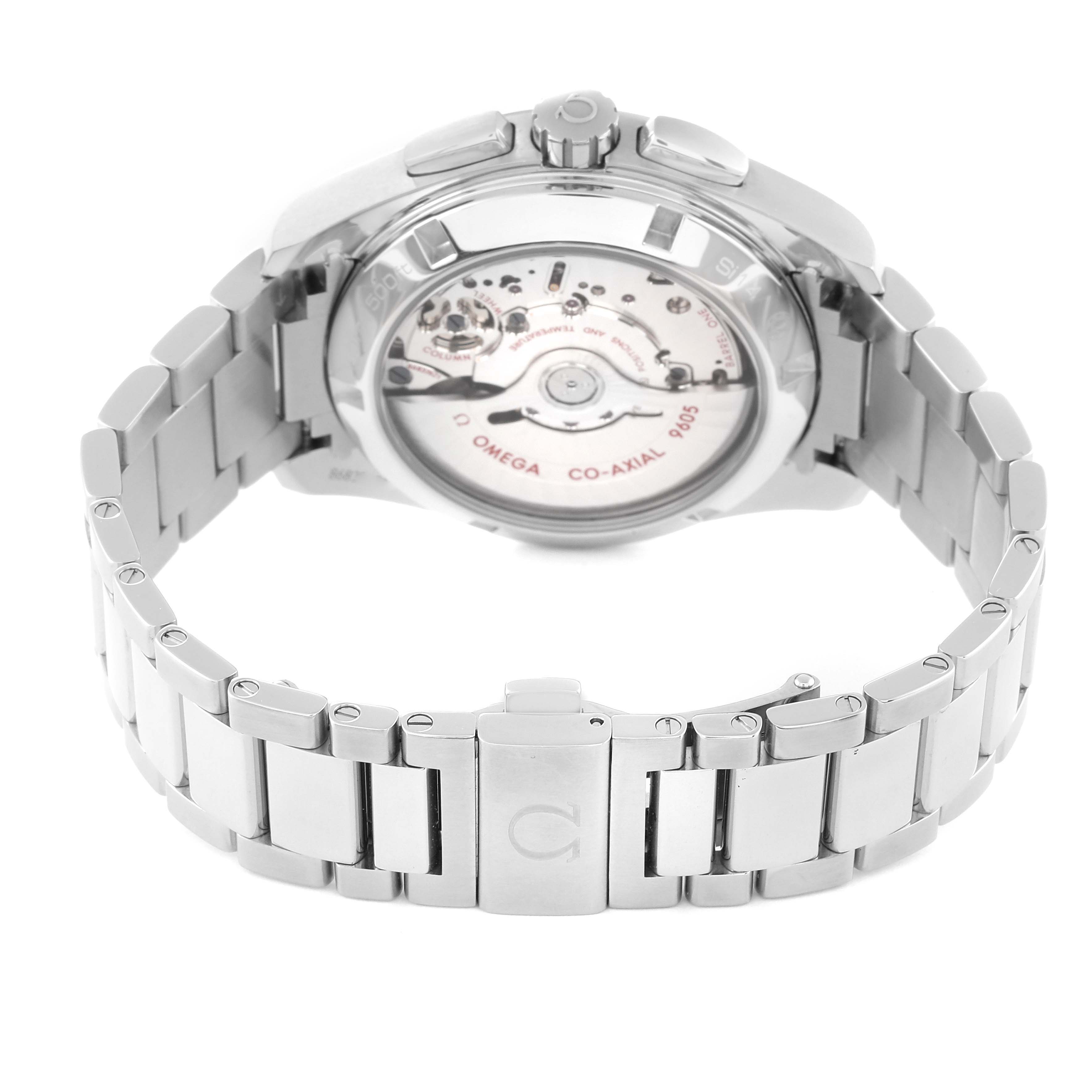 This image shows the back and bracelet of an Omega Aqua Terra 231.10.43.52.02.001 Men
s Stainless Steel Silver Dial 231.10.43.52.02.001 Men
s Stainless Steel Silver Dial watch, highlighting its movement and clasp.