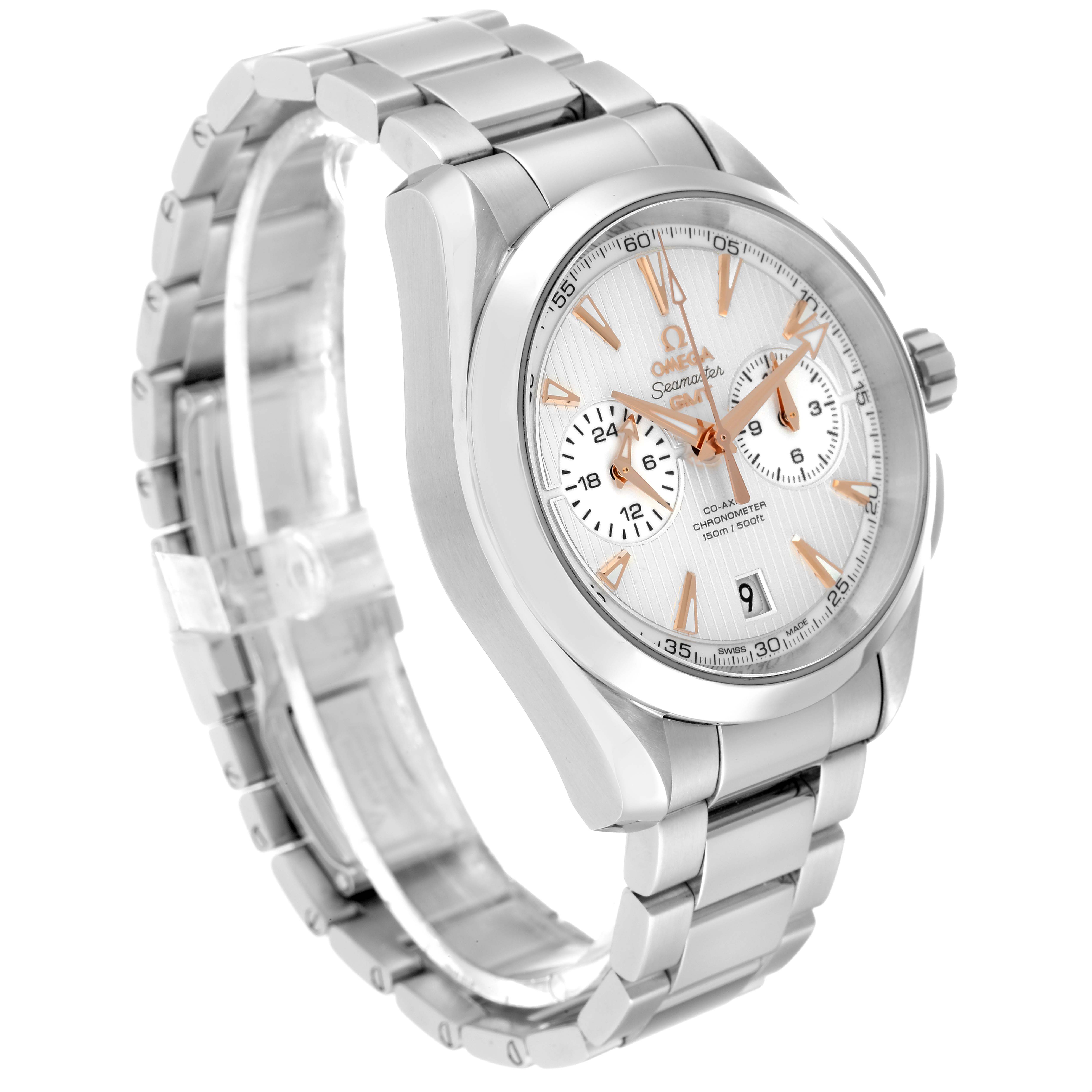 The Omega Aqua Terra 231.10.43.52.02.001 Men
s Stainless Steel Silver Dial 231.10.43.52.02.001 Men
s Stainless Steel Silver Dial watch is shown at a 3/4 angle, highlighting its dial, stainless steel bracelet, and case.