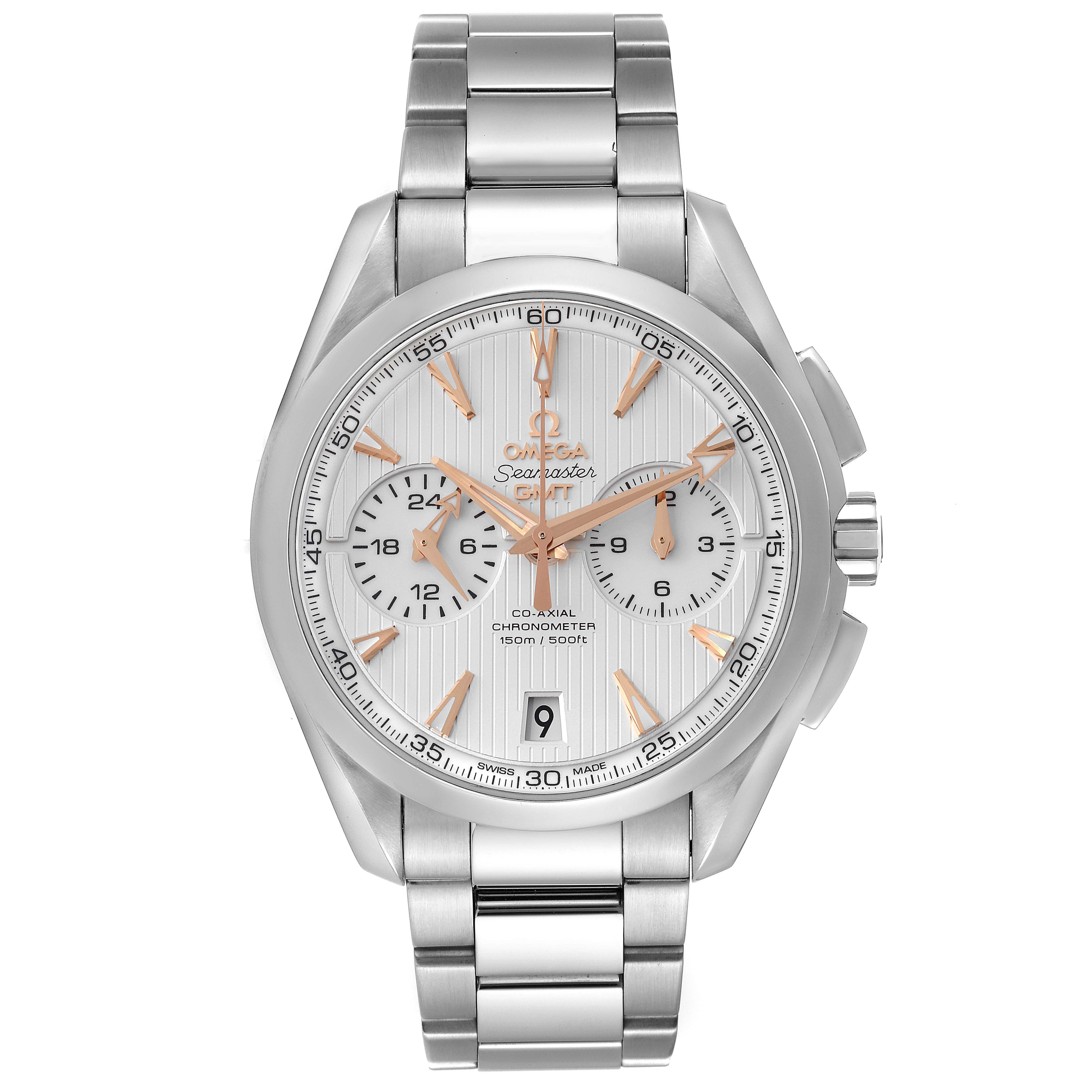 The Omega Aqua Terra 231.10.43.52.02.001 Men
s Stainless Steel Silver Dial 231.10.43.52.02.001 Men
s Stainless Steel Silver Dial watch is shown from the front, displaying its dial, hands, sub-dials, bracelet, and case.