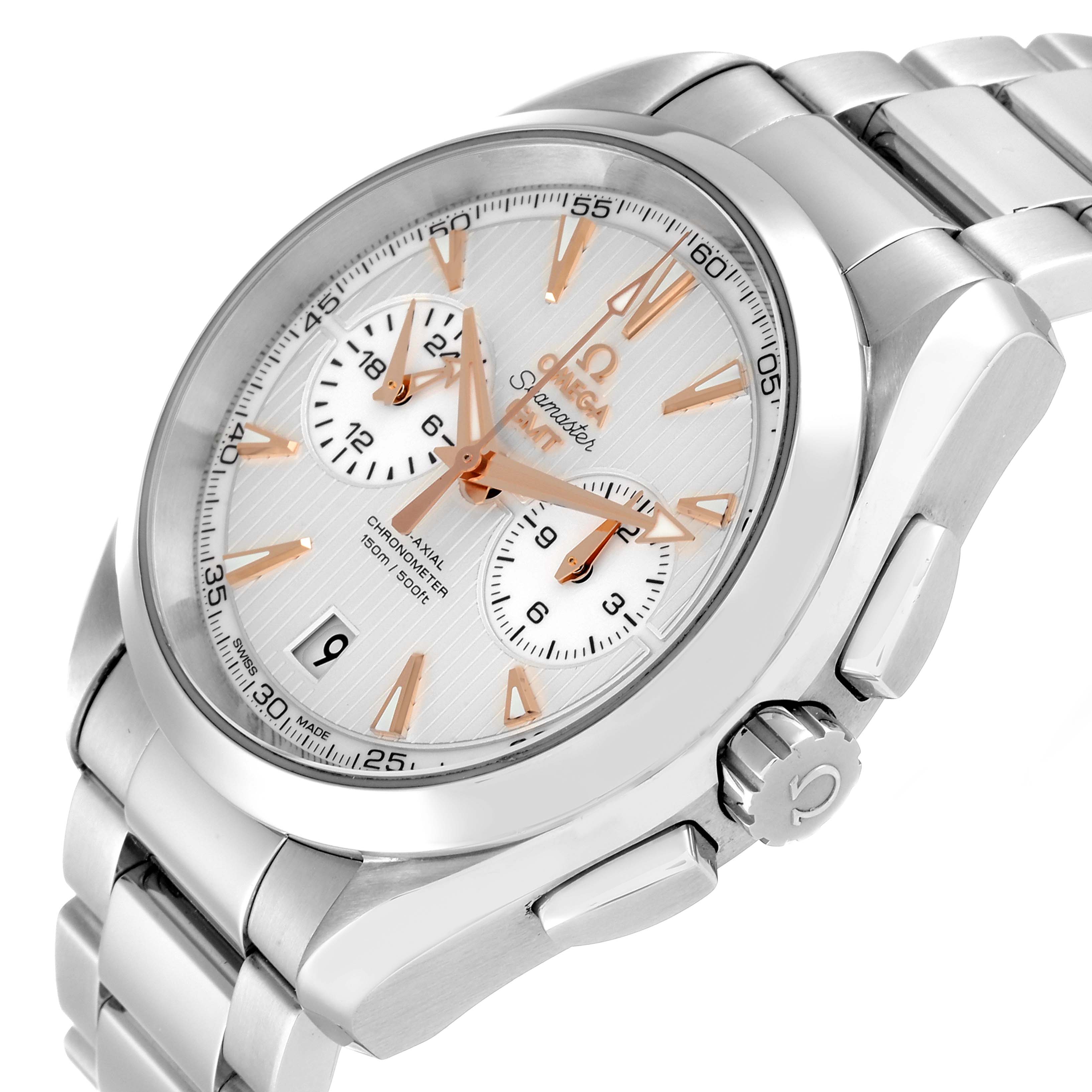 The Omega Aqua Terra 231.10.43.52.02.001 Men
s Stainless Steel Silver Dial 231.10.43.52.02.001 Men
s Stainless Steel Silver Dial watch is shown at a three-quarter angle, displaying the face, bezel, crown, and part of the bracelet.