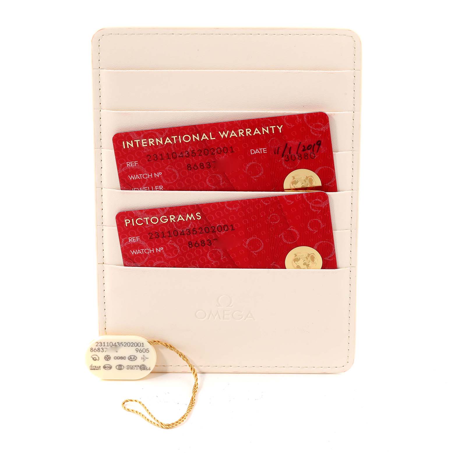 The image shows the warranty cards and a tag aligned vertically for the Omega Aqua Terra 231.10.43.52.02.001 Men
s Stainless Steel Silver Dial 231.10.43.52.02.001 Men
s Stainless Steel Silver Dial model.