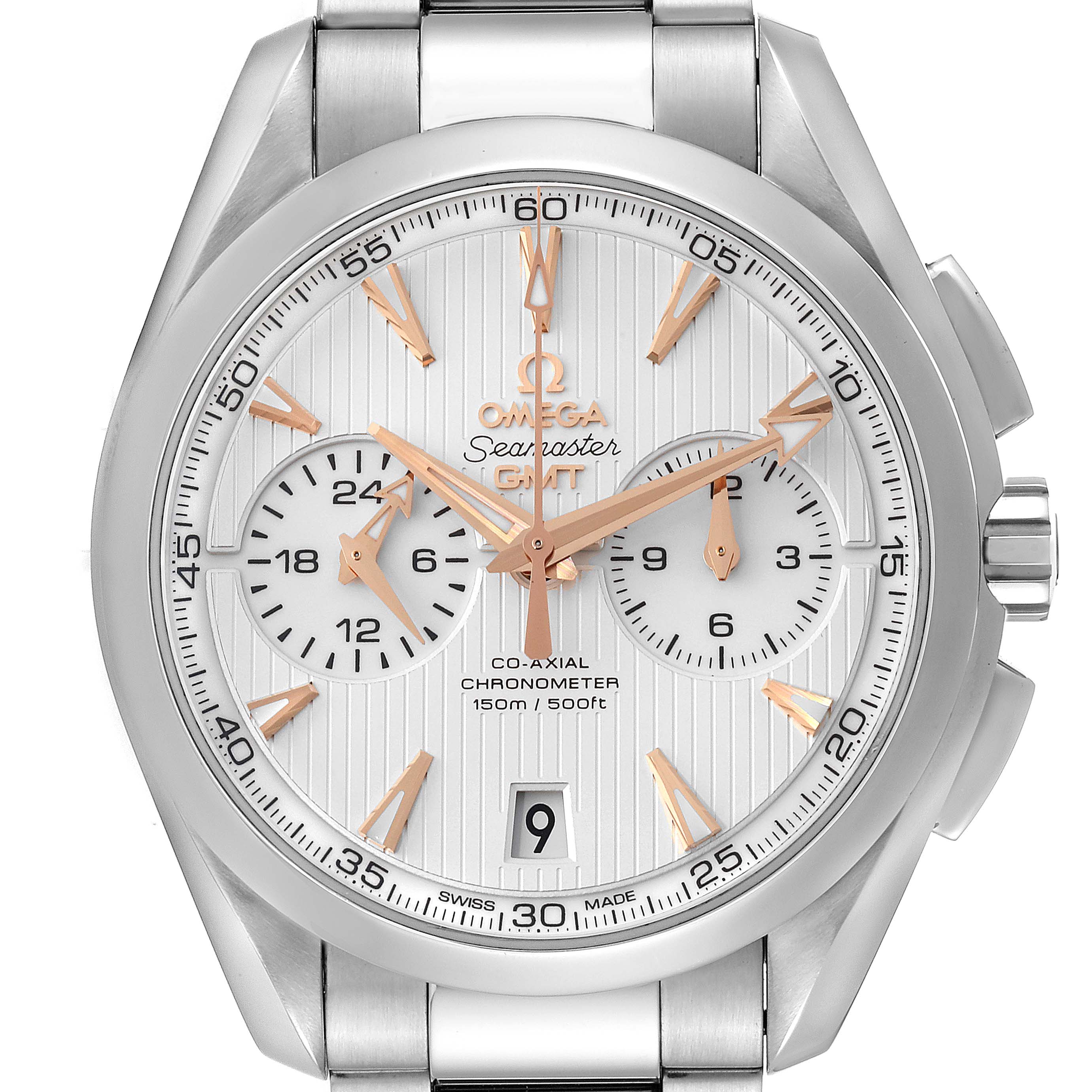 The image shows a frontal view of the Omega Seamaster Aqua Terra GMT watch, displaying its dial, hands, and bracelet.