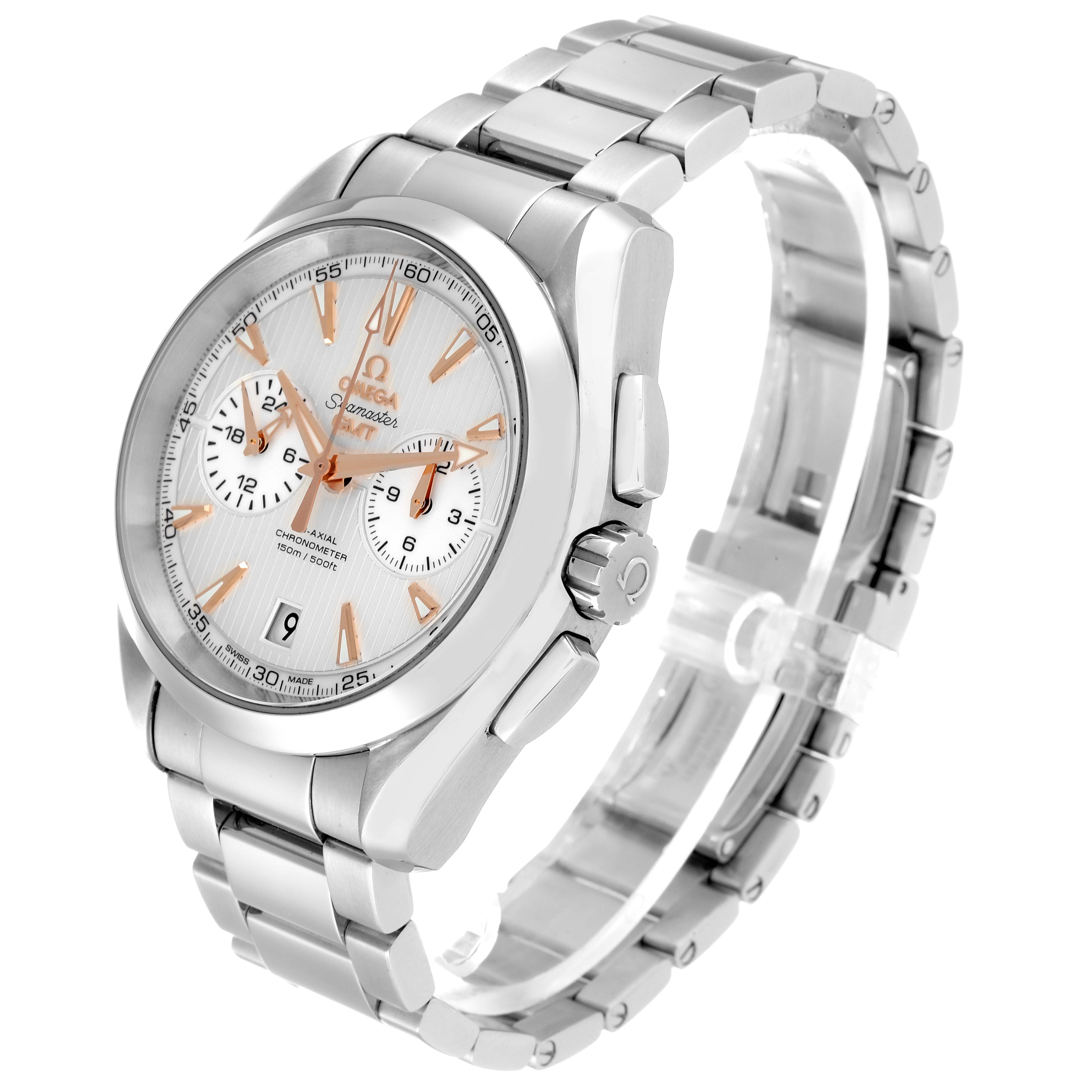 The image shows an Omega Aqua Terra 231.10.43.52.02.001 Men
s Stainless Steel Silver Dial 231.10.43.52.02.001 Men
s Stainless Steel Silver Dial watch from a three-quarter angle, displaying the face, case, crown, and metal bracelet.