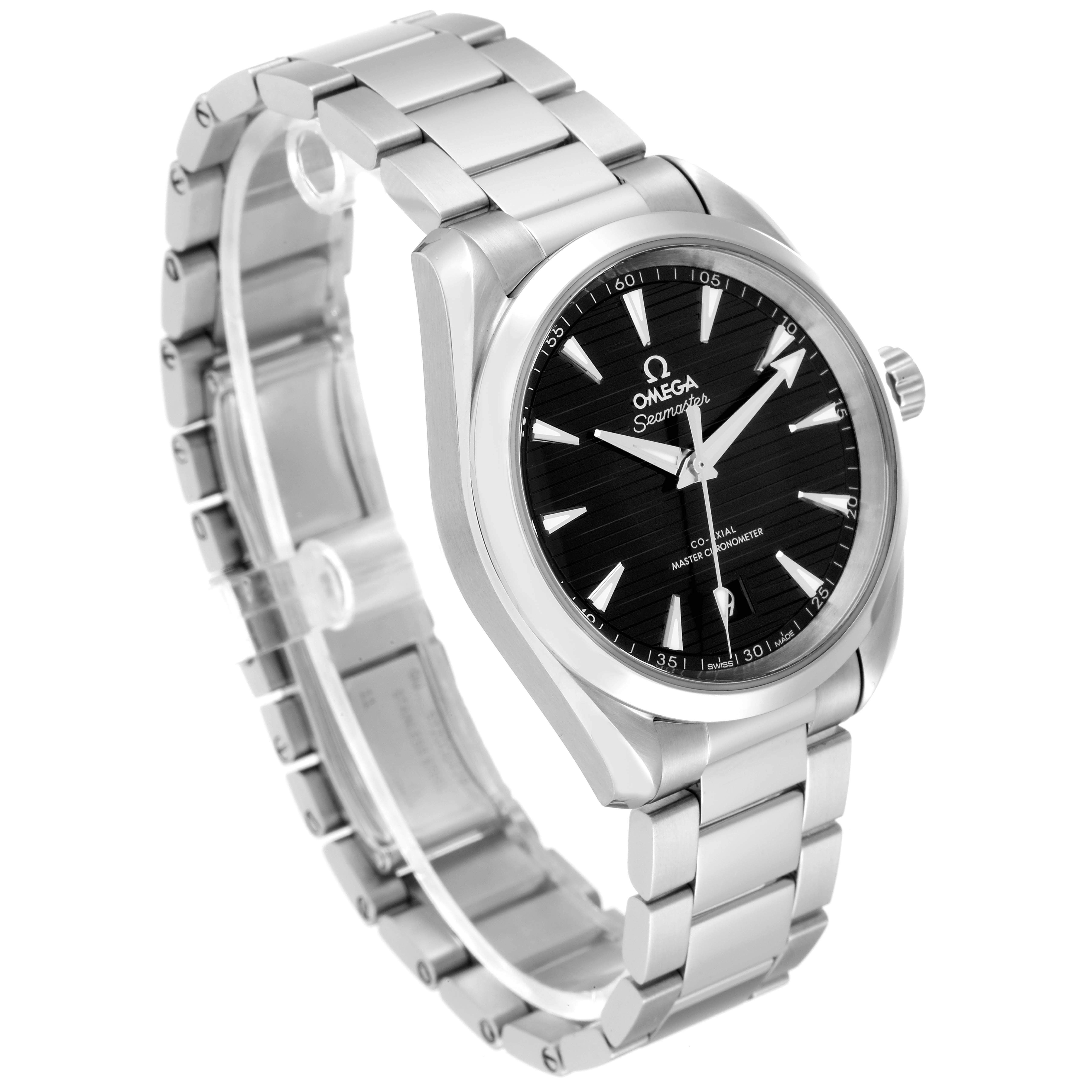 The image shows an angled view of an Omega Aqua Terra 220.10.38.20.01.001 Men's Stainless Steel Black Dial 220.10.38.20.01.001 Men's Stainless Steel Black Dial watch, highlighting its black dial, stainless steel case, and bracelet.