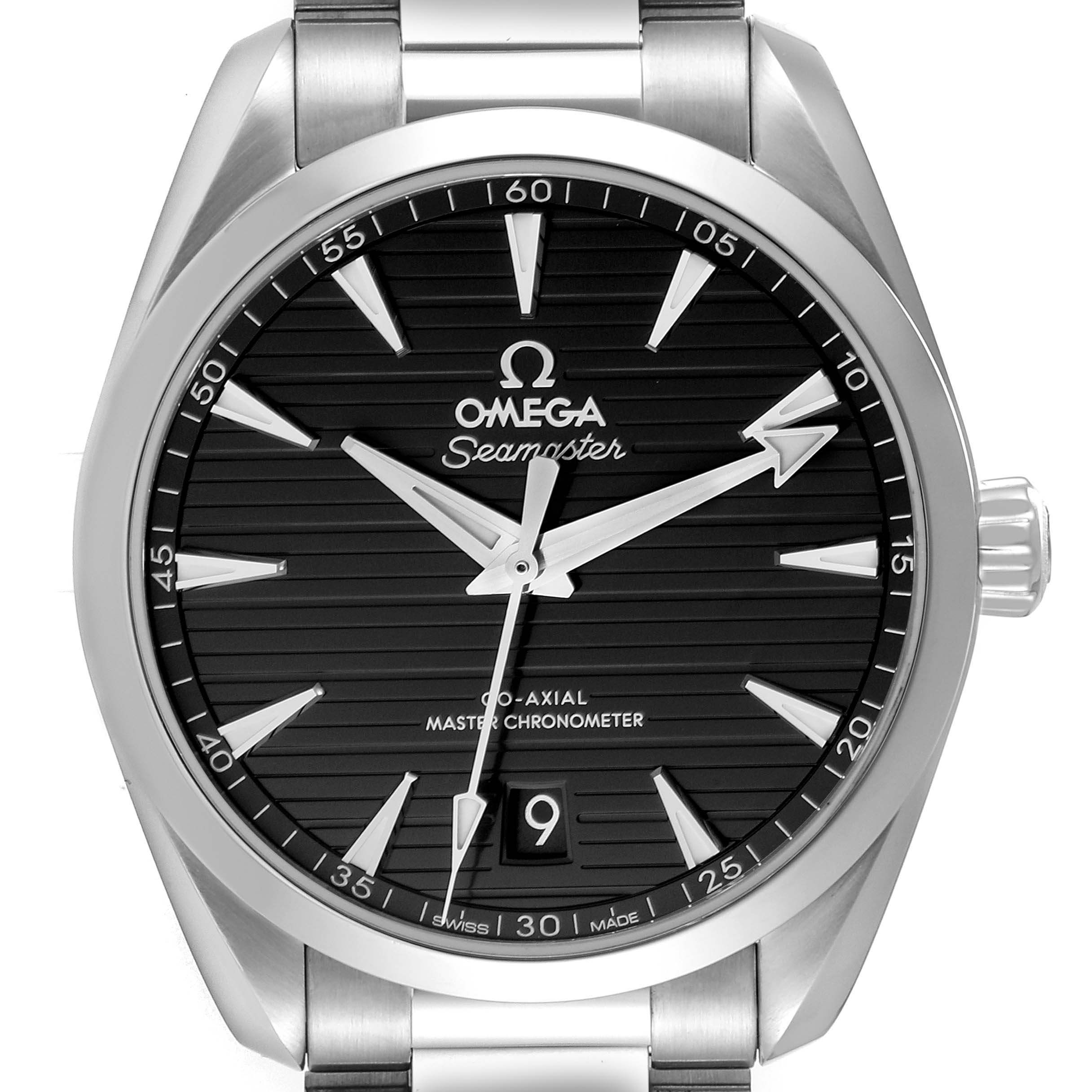 The Omega Seamaster Aqua Terra watch is shown from a front angle, highlighting its black dial, hands, indices, and date window.