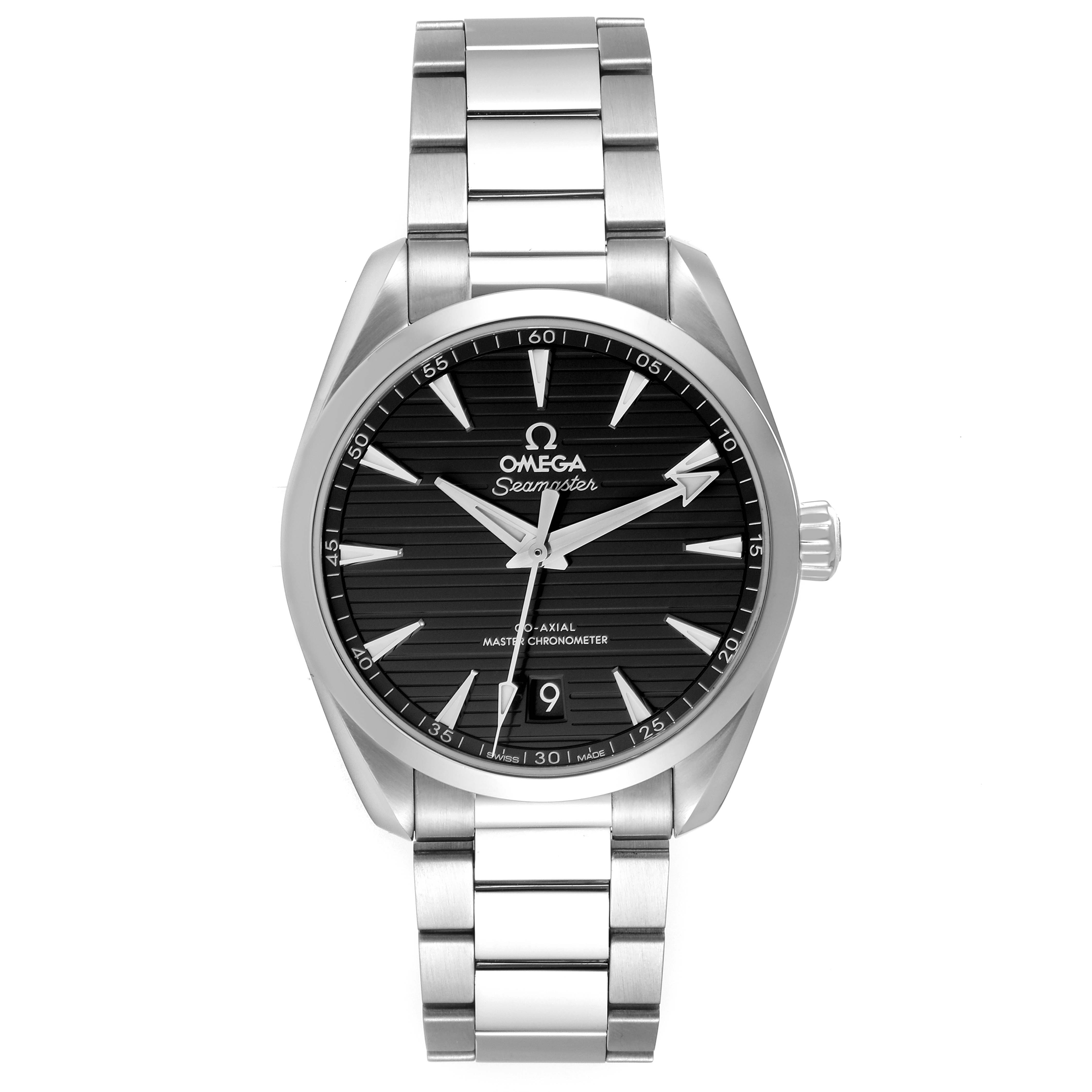 This image shows a front view of the Omega Seamaster Aqua Terra watch, highlighting its face, hands, bracelet, and crown.