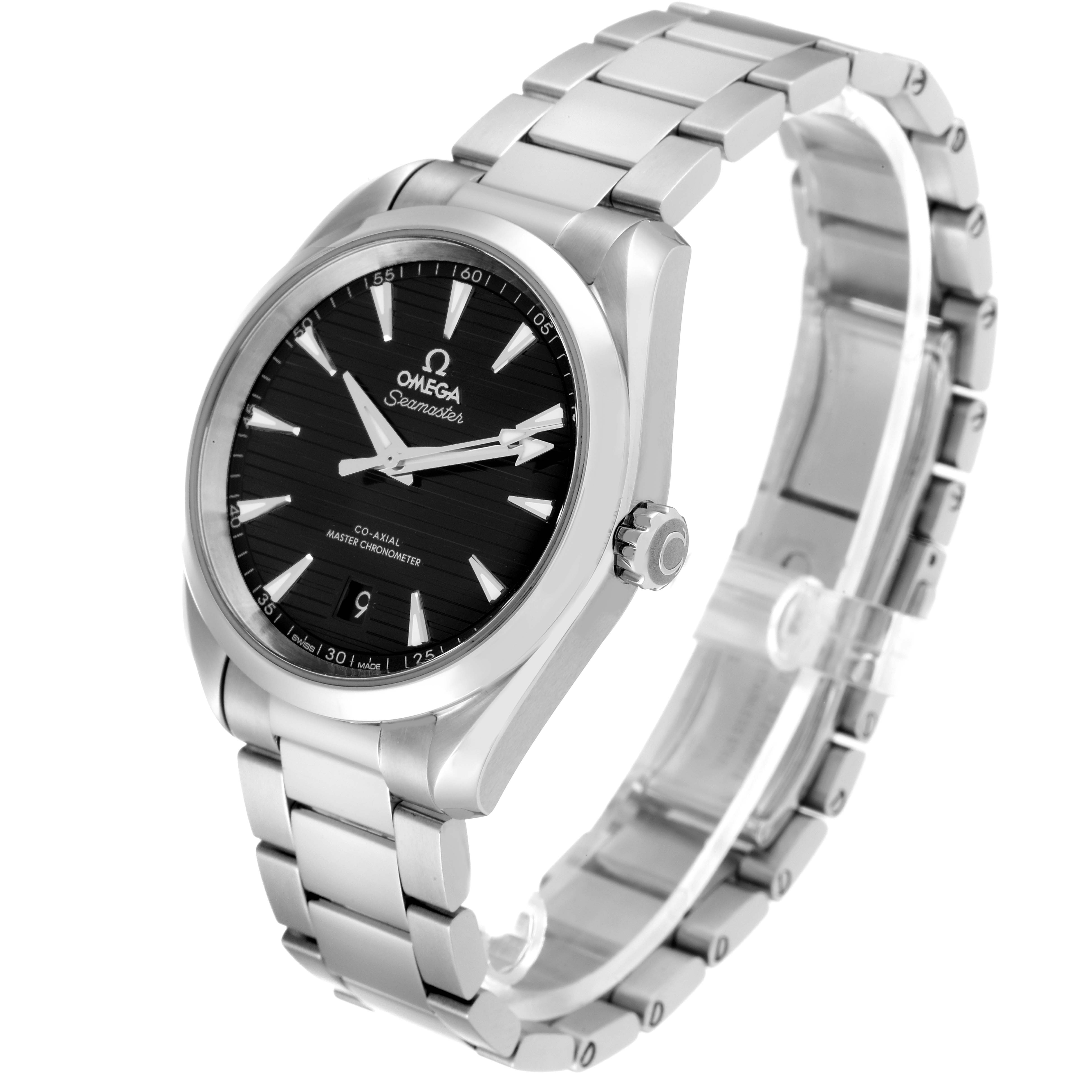 The Omega Aqua Terra 220.10.38.20.01.001 Men's Stainless Steel Black Dial 220.10.38.20.01.001 Men's Stainless Steel Black Dial watch is shown at a three-quarter angle, displaying its face, bezel, crown, and metal bracelet.