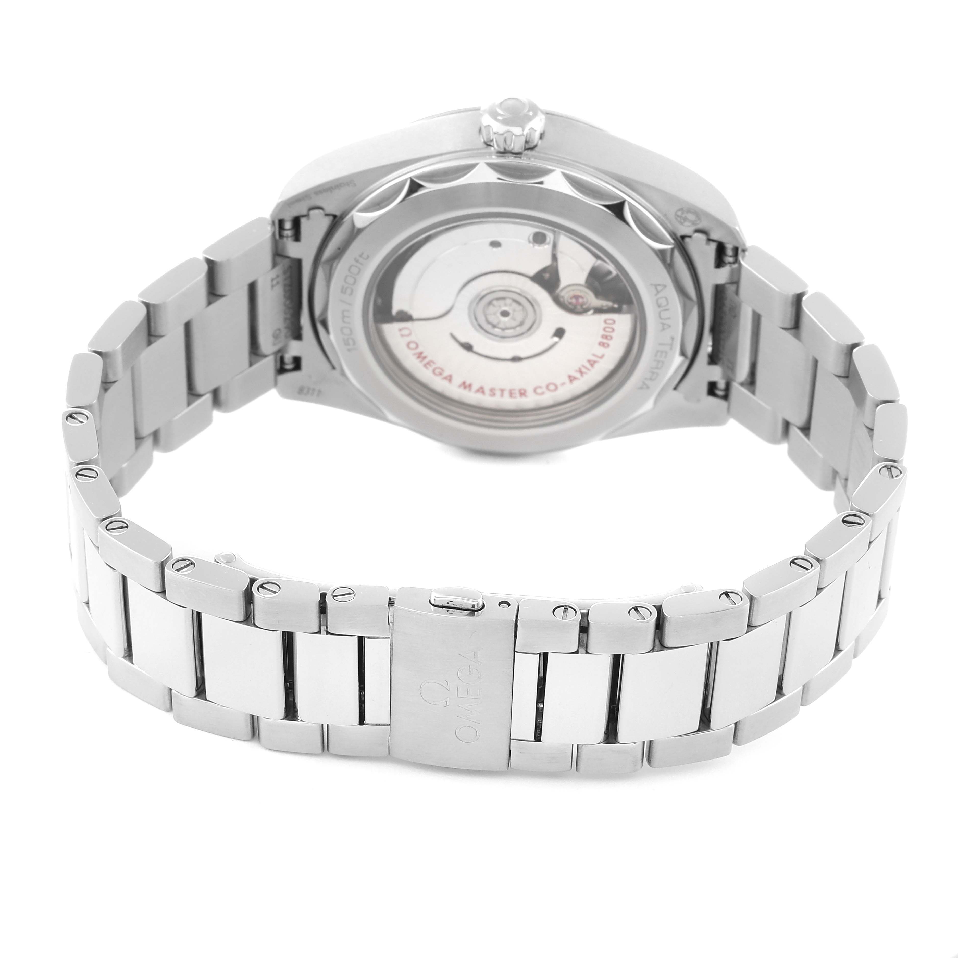 The Omega Aqua Terra 220.10.38.20.01.001 Men's Stainless Steel Black Dial 220.10.38.20.01.001 Men's Stainless Steel Black Dial watch is shown from the back, highlighting the movement, case back, and stainless steel bracelet.