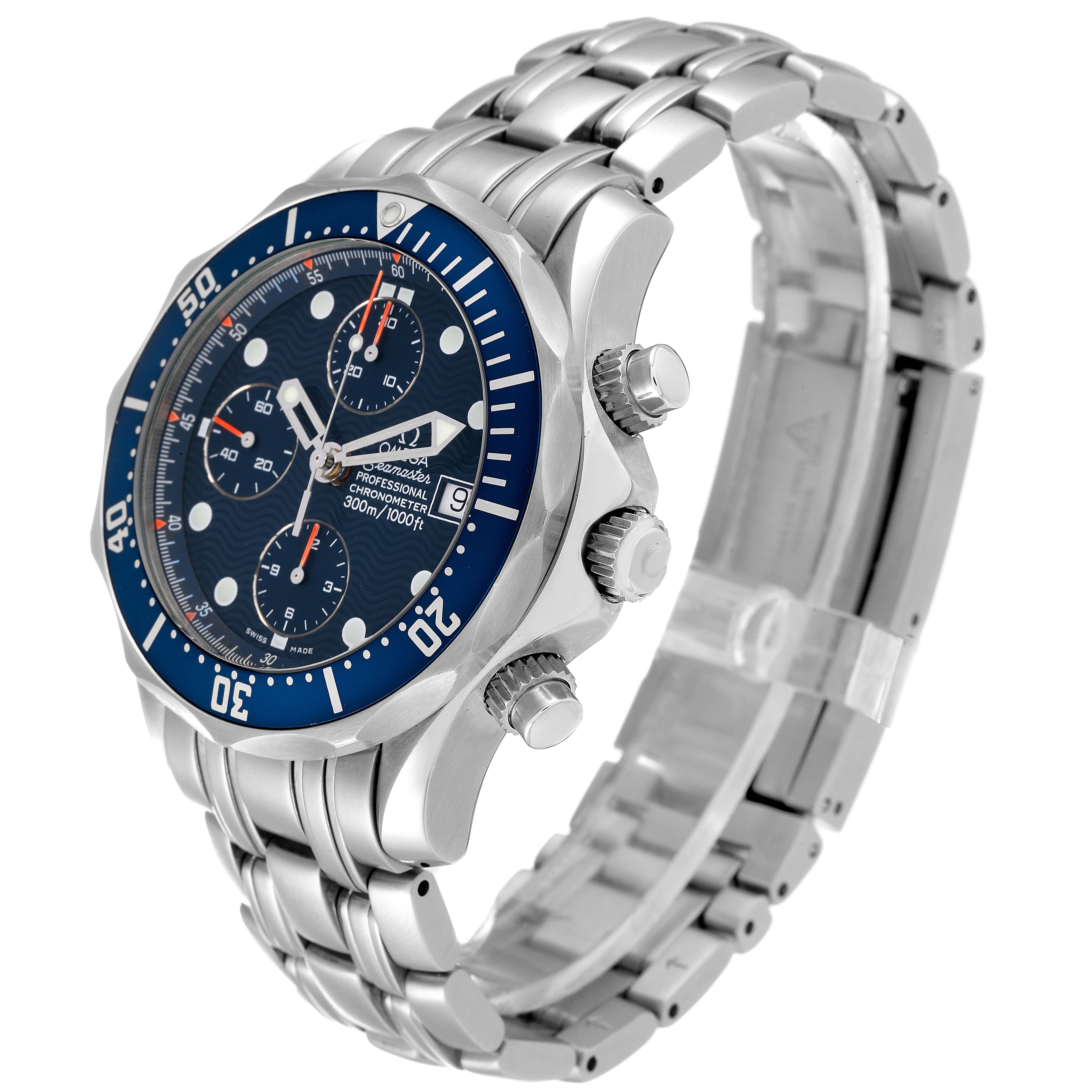 The Omega Seamaster 2599.80.00 Men
s Stainless Steel Blue Dial 2599.80.00 Men
s Stainless Steel Blue Dial watch is shown at an angled side view, displaying its face, bezel, crown, and stainless steel bracelet.