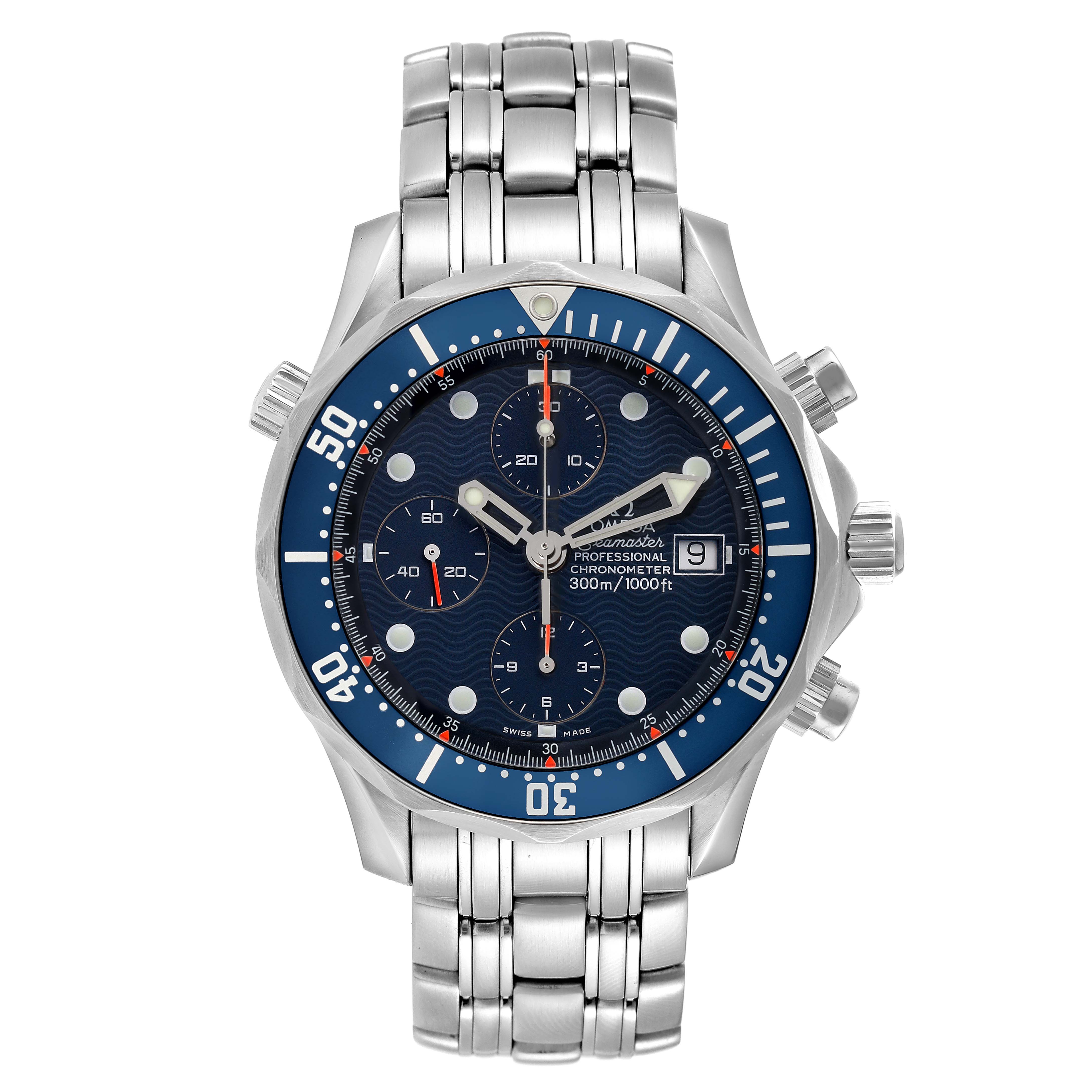 The image shows an Omega Seamaster 2599.80.00 Men
s Stainless Steel Blue Dial 2599.80.00 Men
s Stainless Steel Blue Dial watch from a front angle, highlighting its blue dial, chronograph subdials, and metal bracelet.