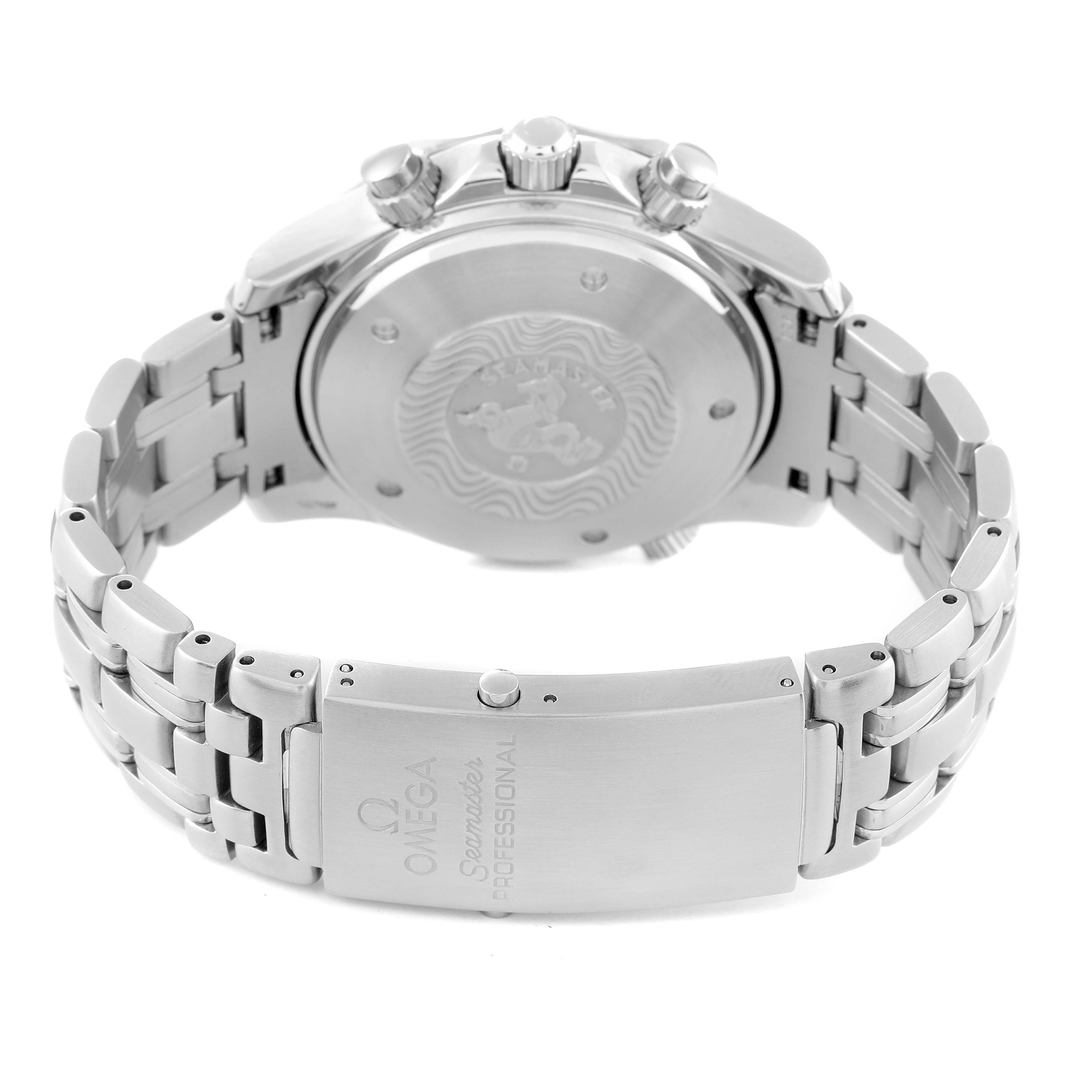 The image shows the backside and bracelet clasp of an Omega Seamaster 2599.80.00 Men
s Stainless Steel Blue Dial 2599.80.00 Men
s Stainless Steel Blue Dial watch, highlighting the engraved back and stainless steel band.