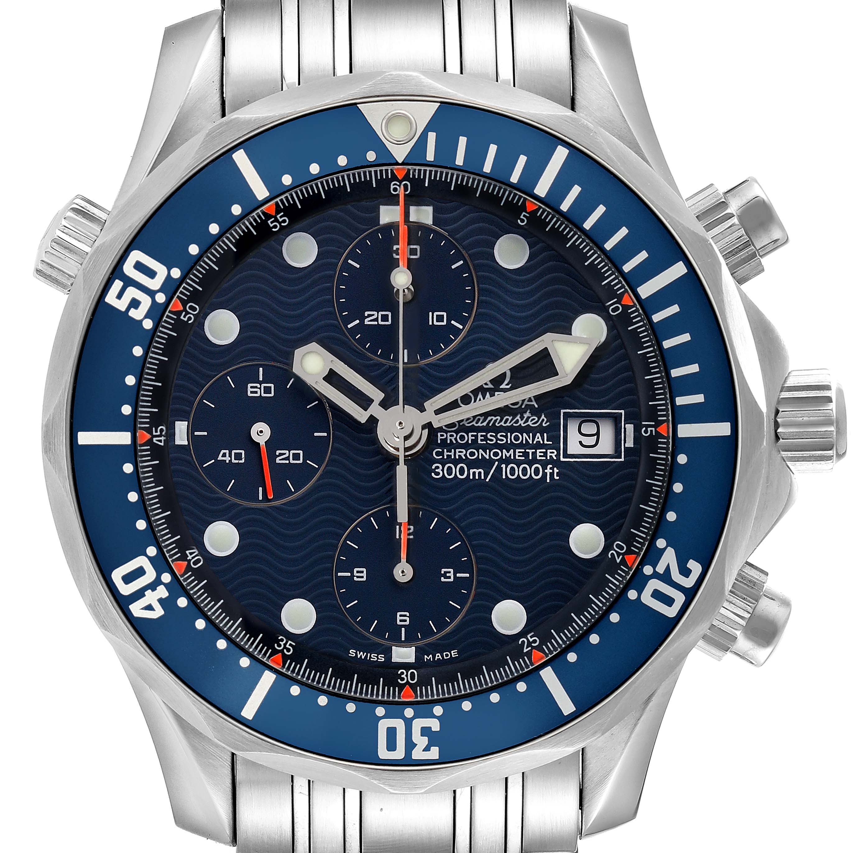The image shows a frontal view of an Omega Seamaster 2599.80.00 Men
s Stainless Steel Blue Dial 2599.80.00 Men
s Stainless Steel Blue Dial watch, detailing its blue dial, chronograph subdials, and steel bracelet.