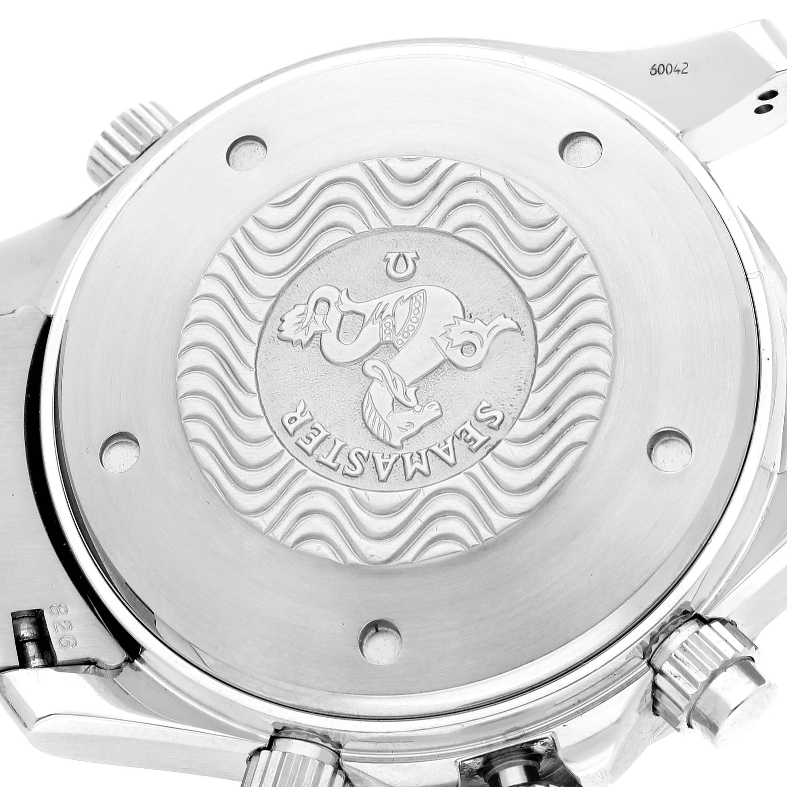 This image shows the back case and crown of an Omega Seamaster 2599.80.00 Men
s Stainless Steel Blue Dial 2599.80.00 Men
s Stainless Steel Blue Dial model watch at an angle displaying the embossed logo and details.