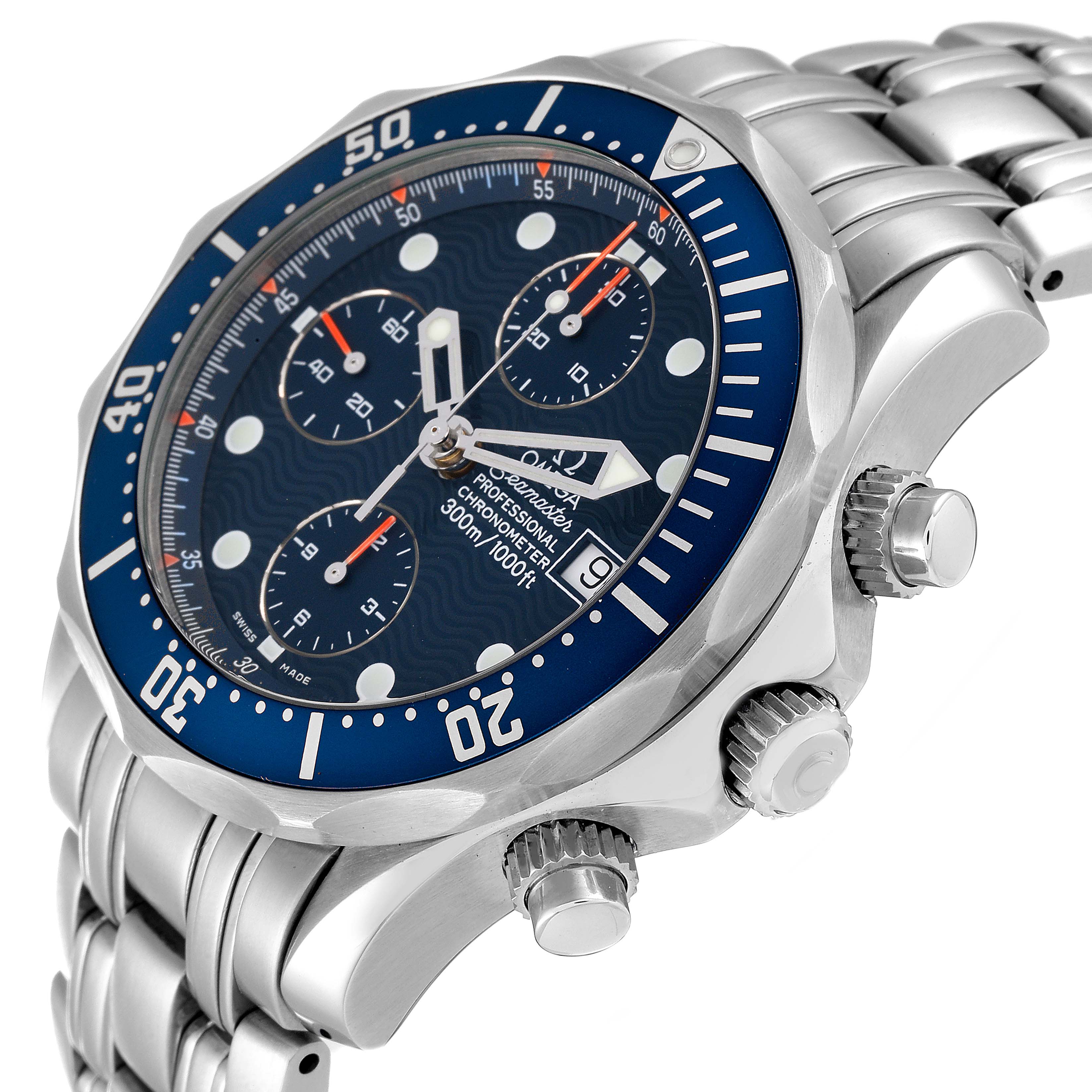 The image shows a side angle of the Omega Seamaster 2599.80.00 Men
s Stainless Steel Blue Dial 2599.80.00 Men
s Stainless Steel Blue Dial watch, highlighting its bezel, crown, and dial.